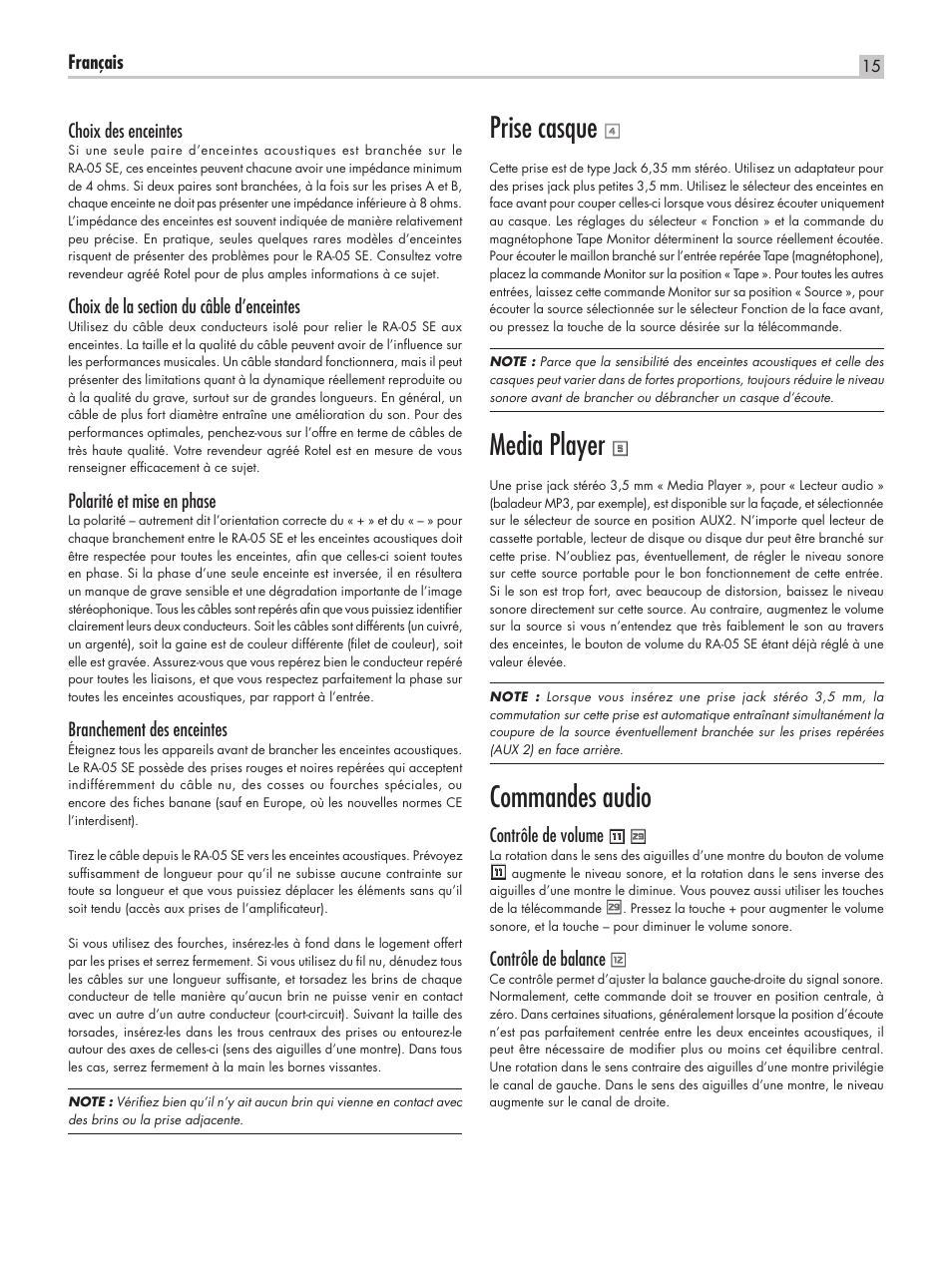Prise casque, Media player, Commandes audio | ROTEL RA-05 SE User Manual | Page 15 / 64