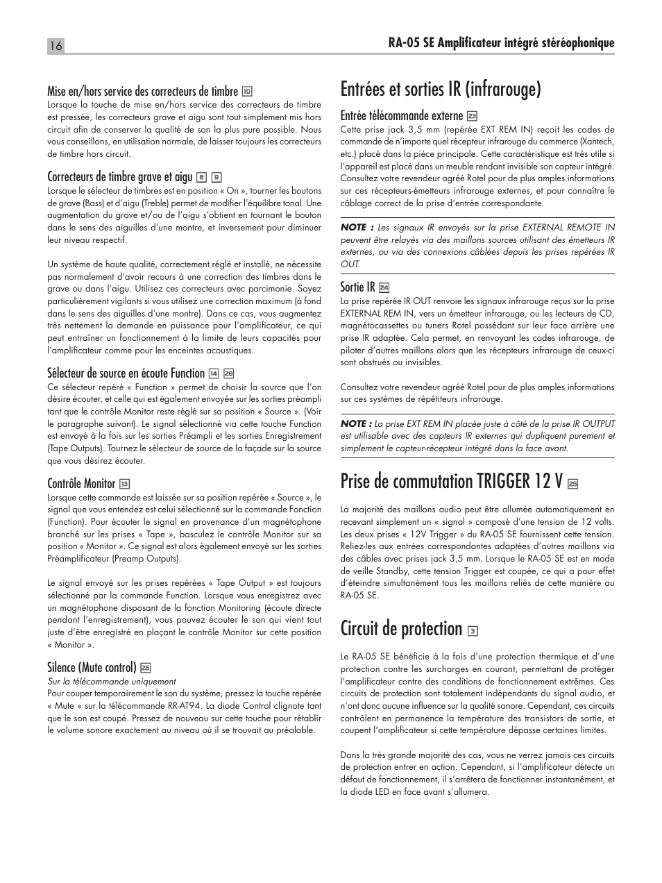 Entrées et sorties ir (infrarouge), Prise de commutation trigger 12 v, Circuit de protection | ROTEL RA-05 SE User Manual | Page 16 / 64