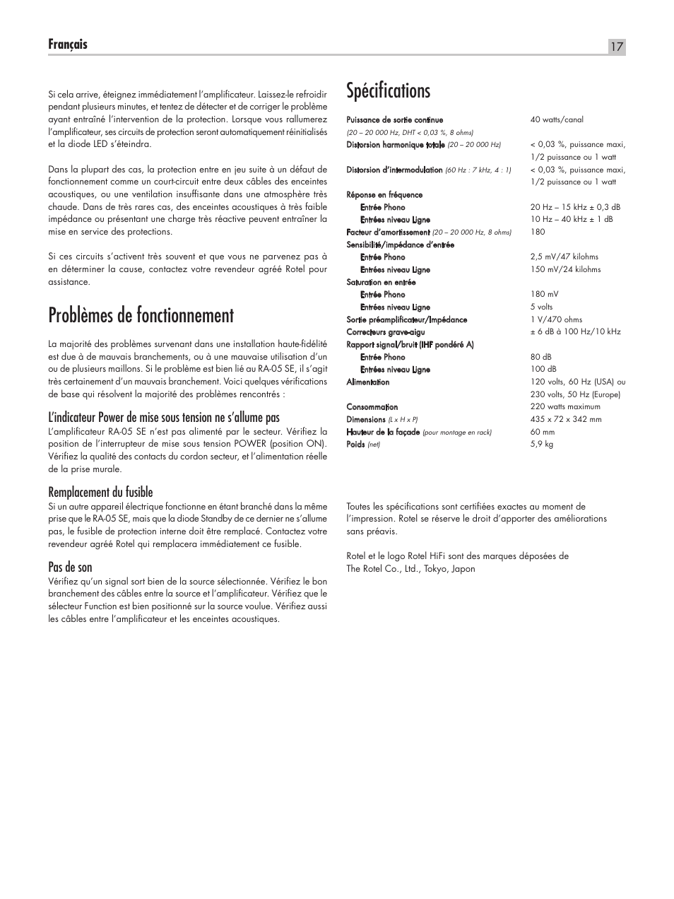 Problèmes de fonctionnement, Spéciﬁcations, Français | Remplacement du fusible, Pas de son | ROTEL RA-05 SE User Manual | Page 17 / 64