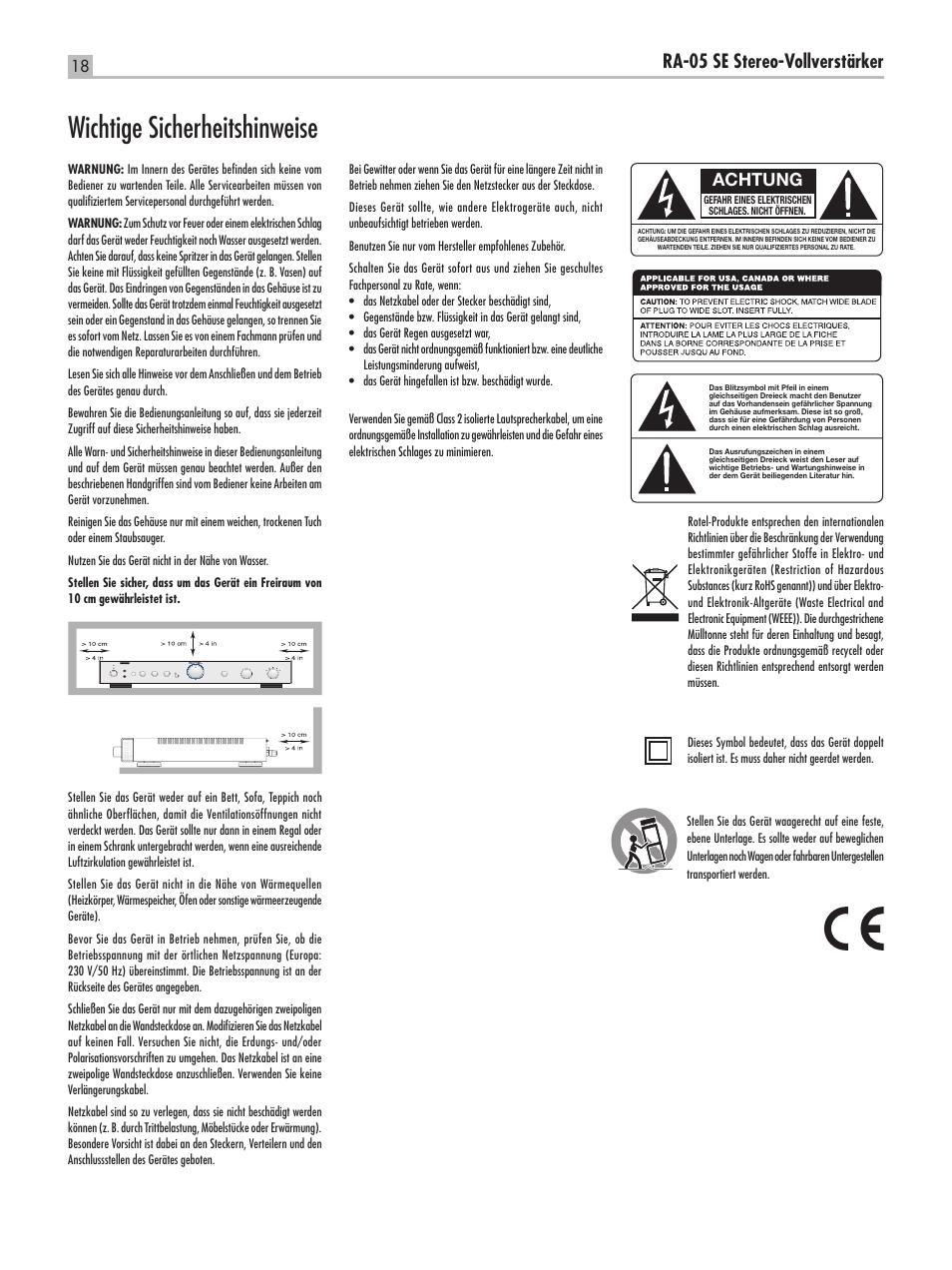 Wichtige sicherheitshinweise, Ra-05 se stereo-vollverstärker, Achtung | ROTEL RA-05 SE User Manual | Page 18 / 64