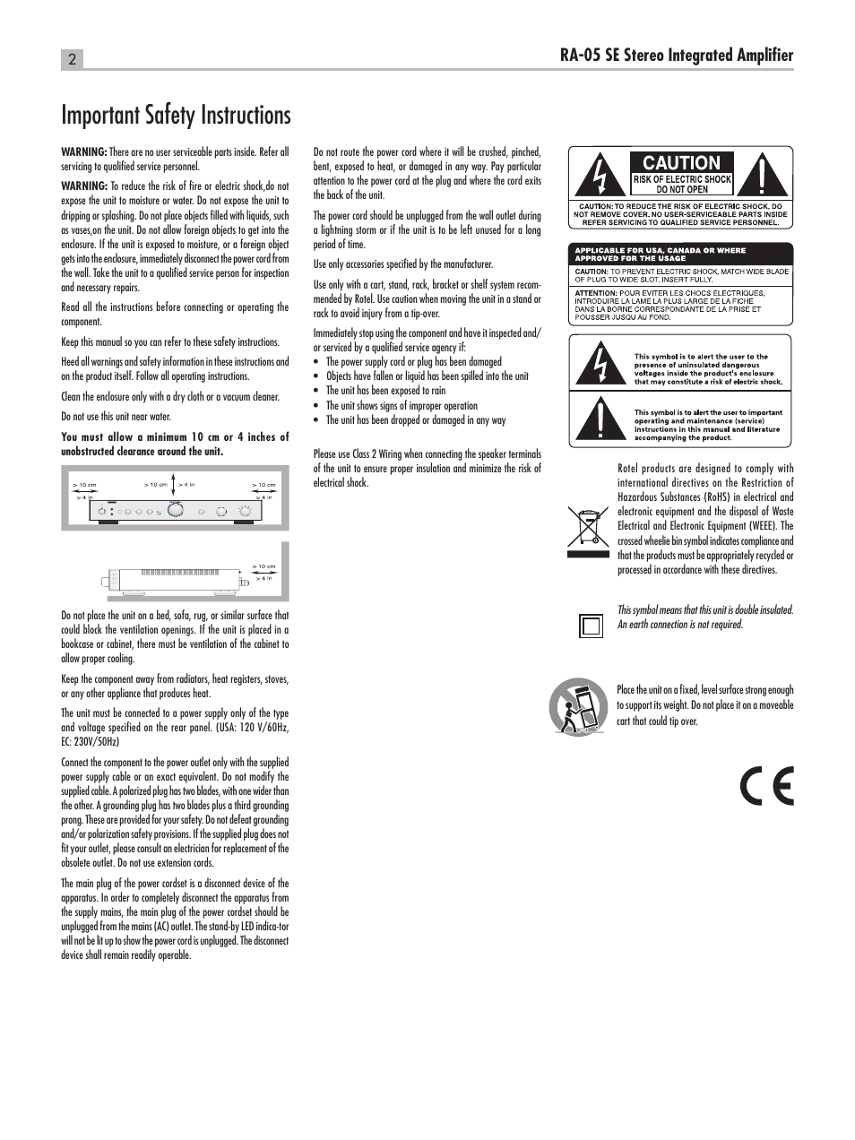 Important safety instructions, Ra-05 se stereo integrated ampliﬁer | ROTEL RA-05 SE User Manual | Page 2 / 64