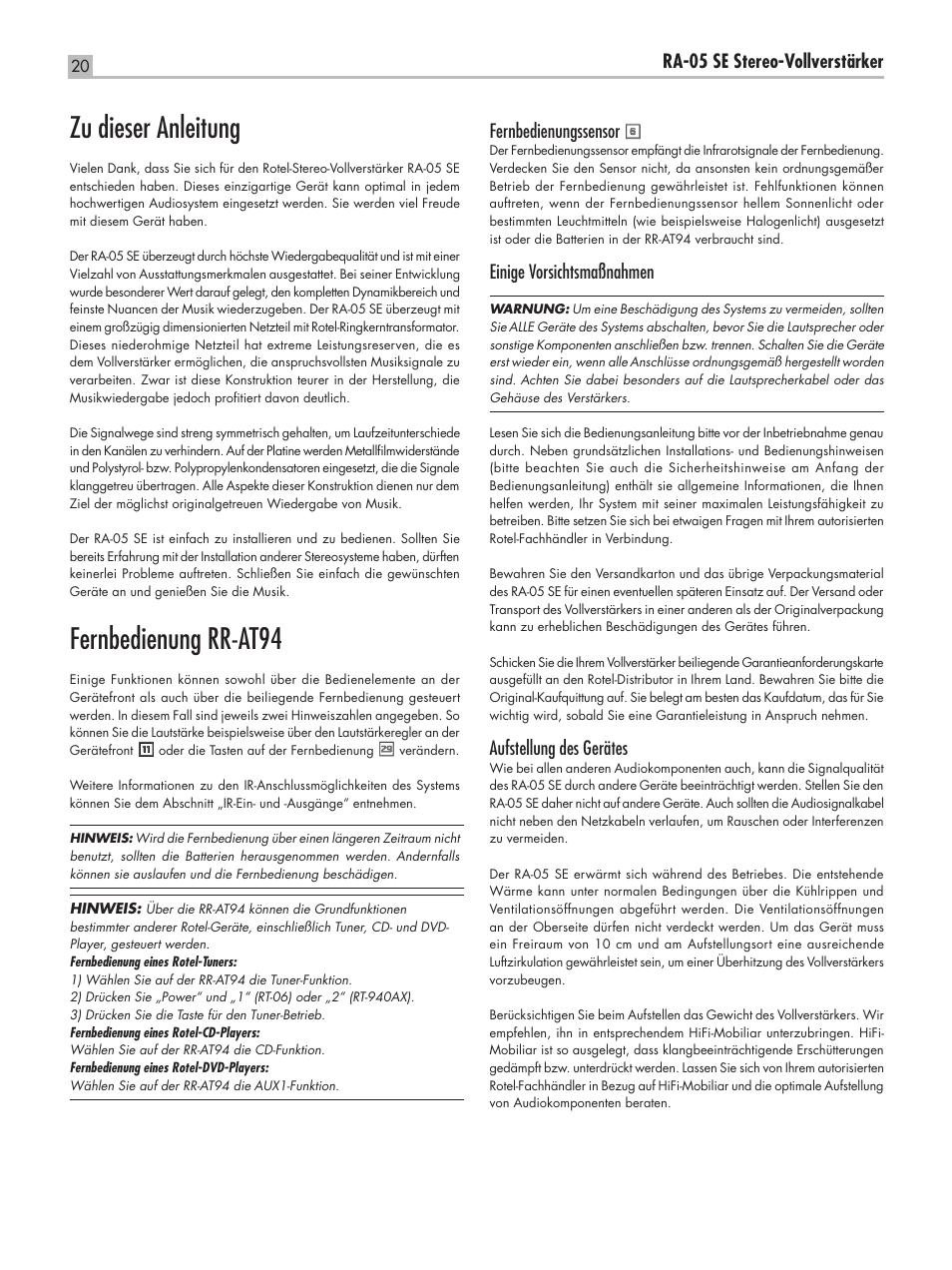 Zu dieser anleitung, Fernbedienung rr-at94, Ra-05 se stereo-vollverstärker | Fernbedienungssensor, Einige vorsichtsmaßnahmen, Aufstellung des gerätes | ROTEL RA-05 SE User Manual | Page 20 / 64