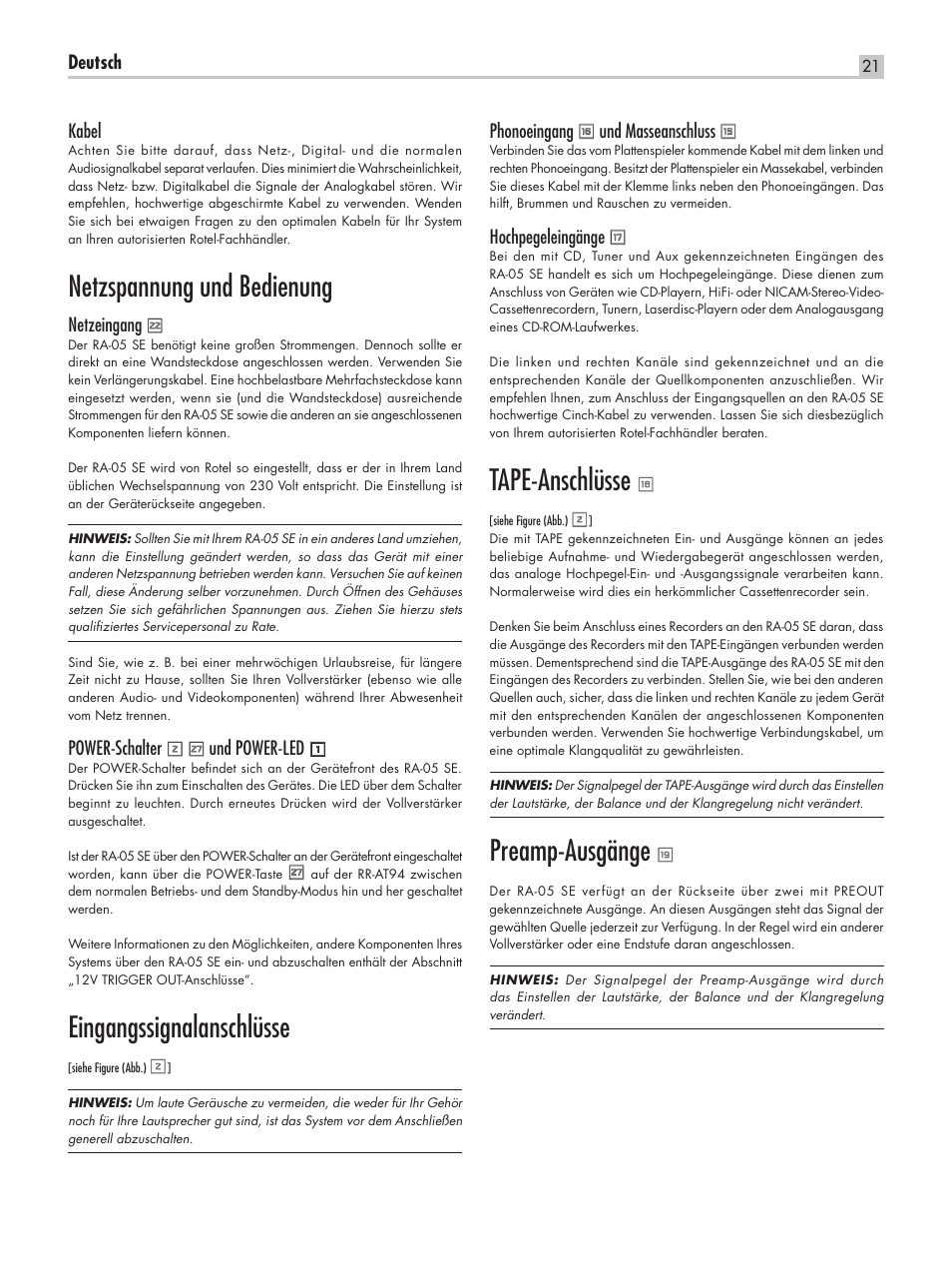 Netzspannung und bedienung, Eingangssignalanschlüsse, Tape-anschlüsse | Preamp-ausgänge | ROTEL RA-05 SE User Manual | Page 21 / 64