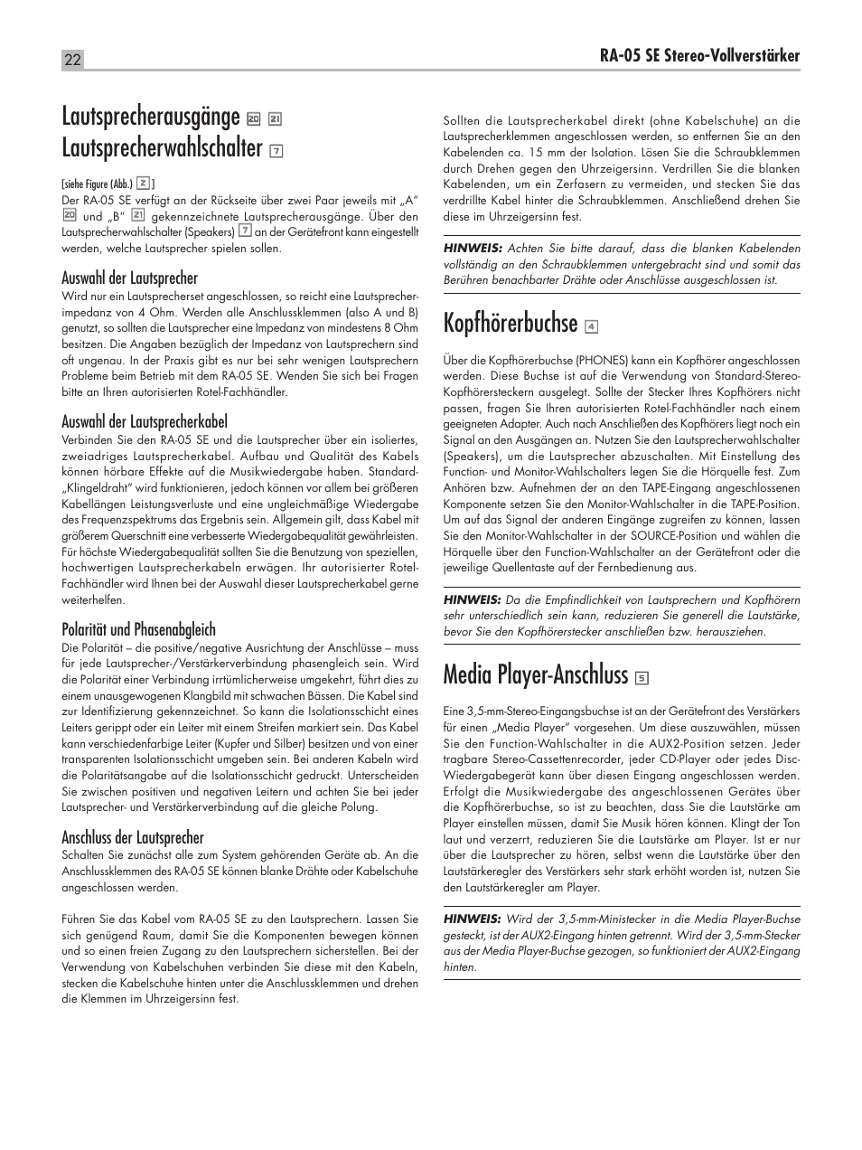 Lautsprecherausgänge, Lautsprecherwahlschalter, Kopfhörerbuchse | Media player-anschluss | ROTEL RA-05 SE User Manual | Page 22 / 64