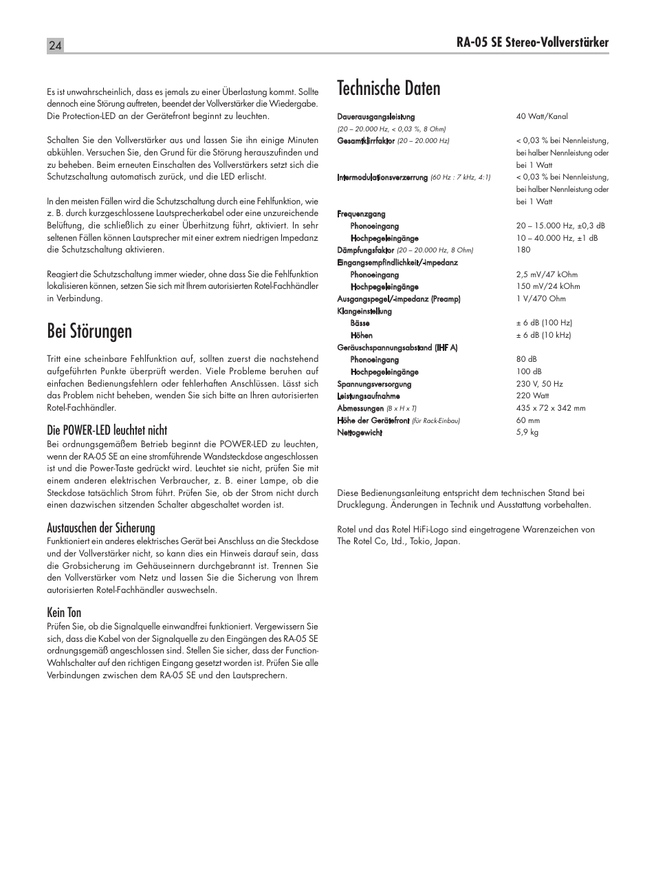 Bei störungen, Technische daten, Ra-05 se stereo-vollverstärker | Die power-led leuchtet nicht, Austauschen der sicherung, Kein ton | ROTEL RA-05 SE User Manual | Page 24 / 64