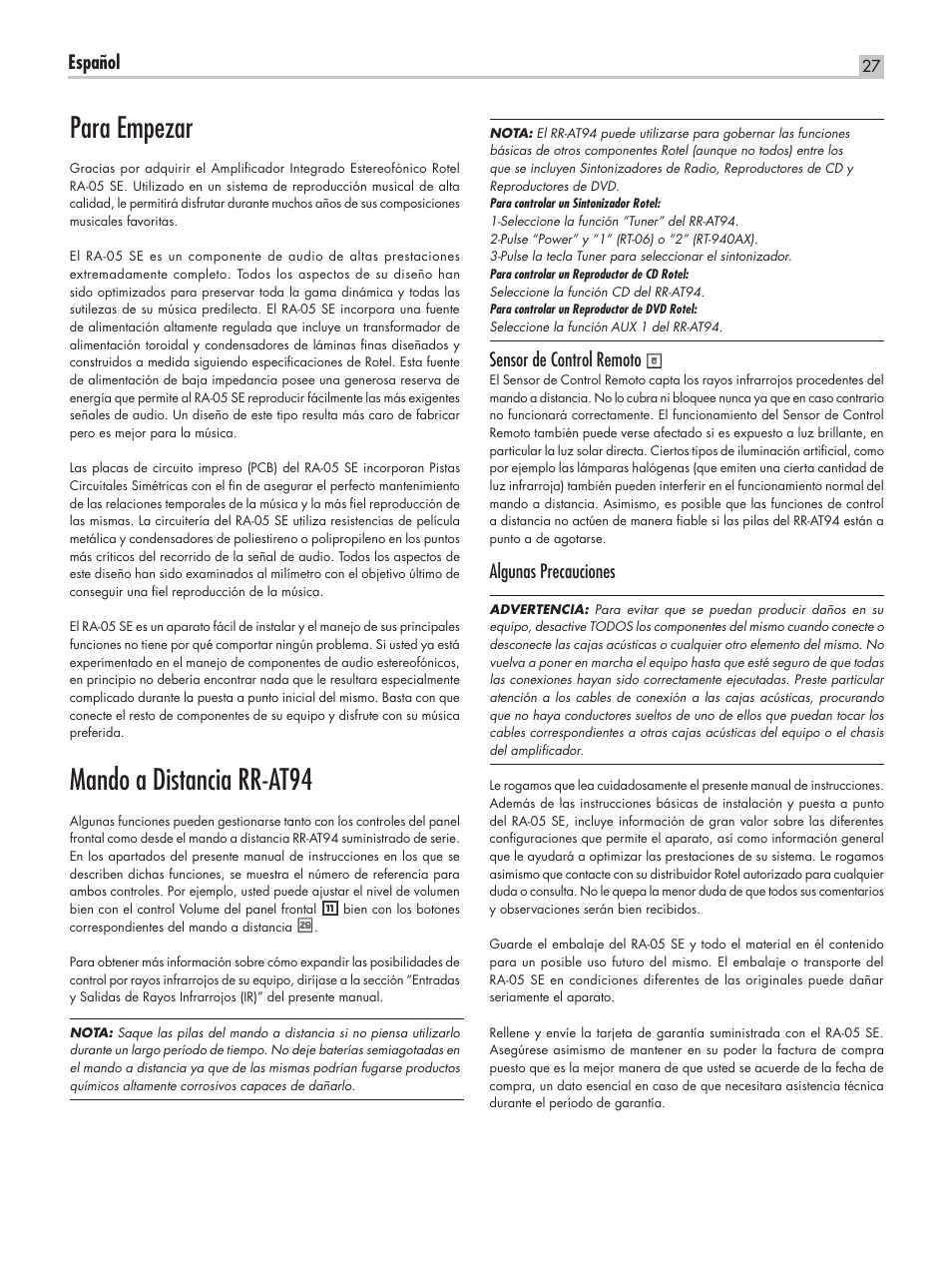 Para empezar, Mando a distancia rr-at94, Español | Sensor de control remoto, Algunas precauciones | ROTEL RA-05 SE User Manual | Page 27 / 64