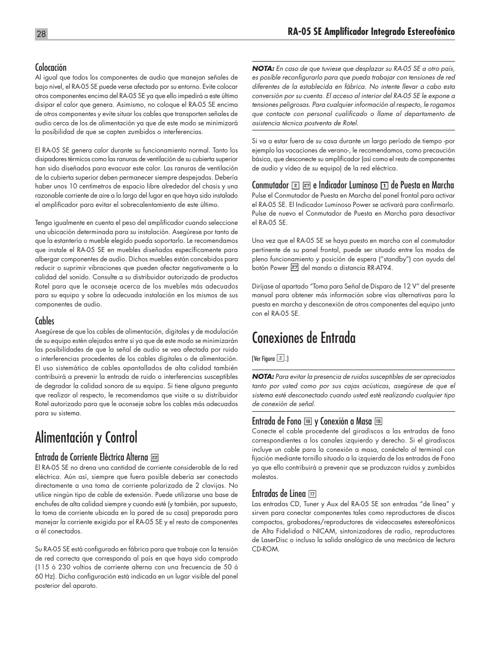 Alimentación y control, Conexiones de entrada | ROTEL RA-05 SE User Manual | Page 28 / 64