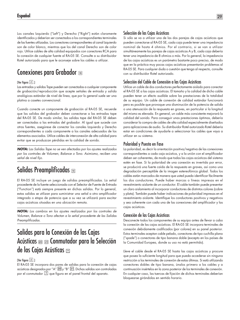 Conexiones para grabador, Salidas preampliﬁcadas, Salidas para la conexión de las cajas acústicas | ROTEL RA-05 SE User Manual | Page 29 / 64