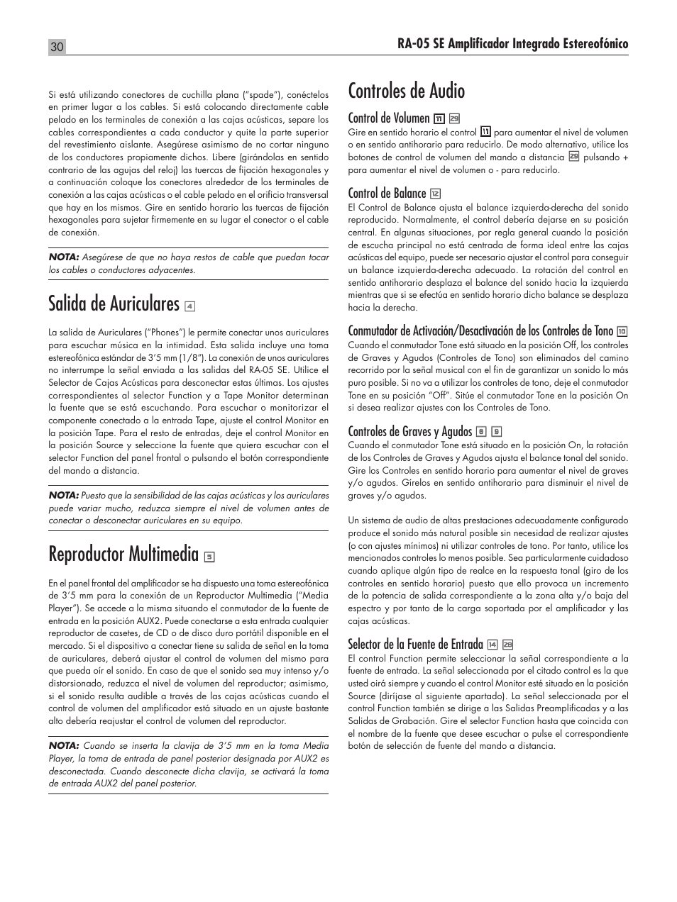 Salida de auriculares, Reproductor multimedia, Controles de audio | ROTEL RA-05 SE User Manual | Page 30 / 64