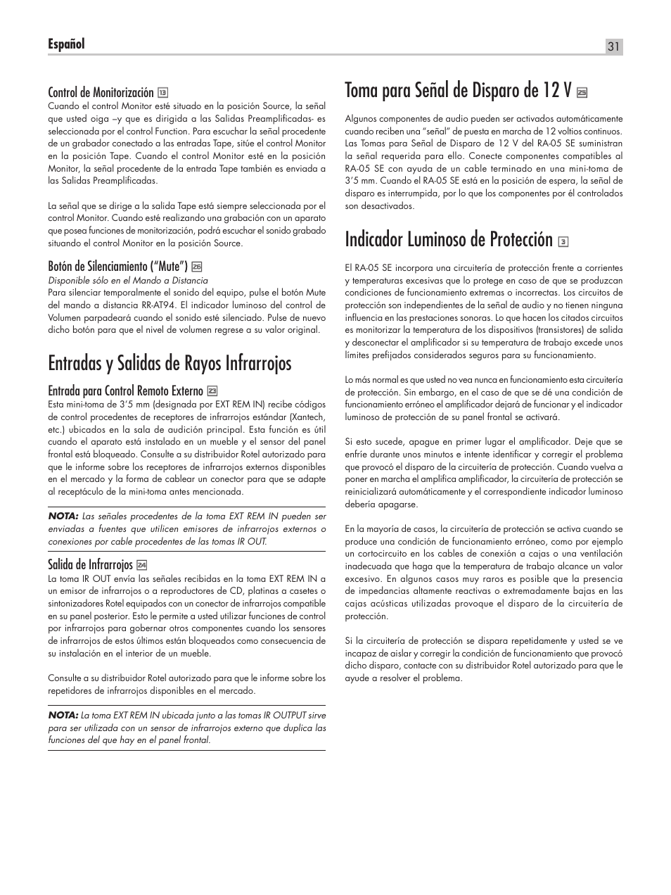 Entradas y salidas de rayos infrarrojos, Toma para señal de disparo de 12 v, Indicador luminoso de protección | ROTEL RA-05 SE User Manual | Page 31 / 64