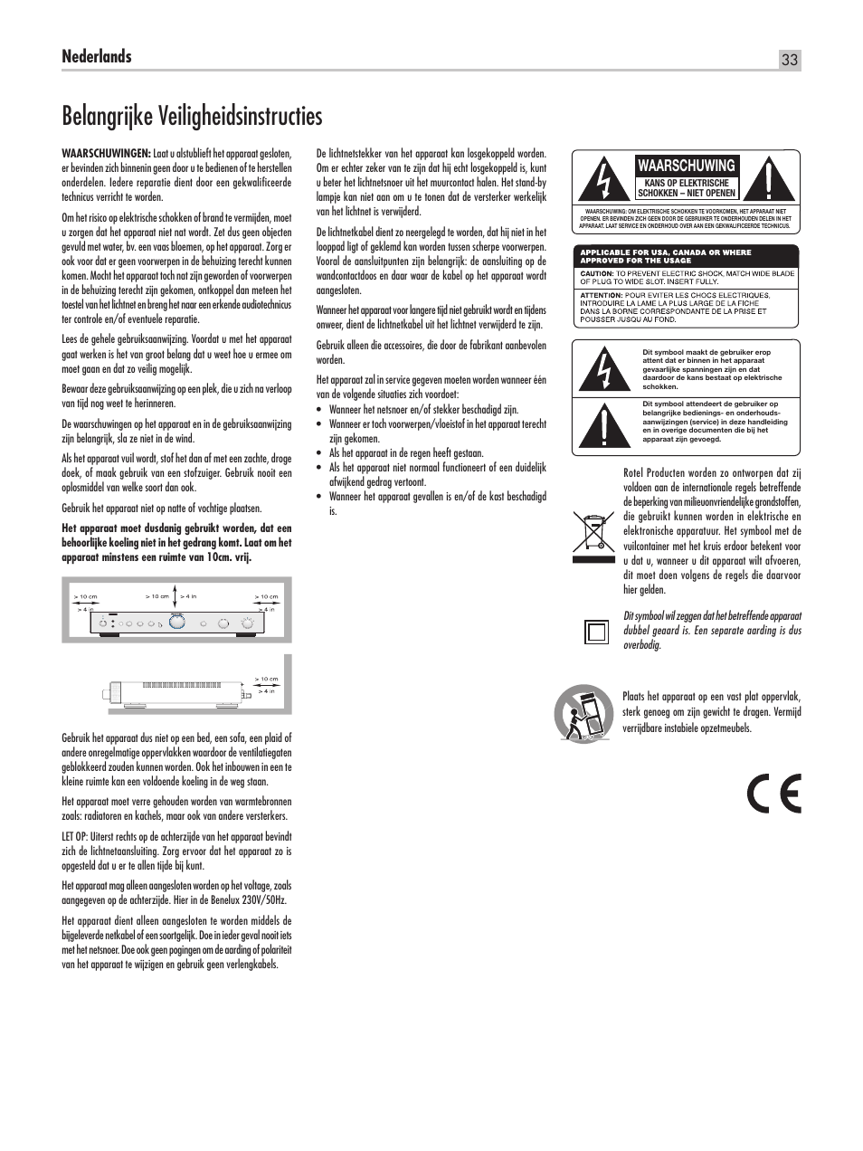 Belangrijke veiligheidsinstructies, Nederlands, Waarschuwing | ROTEL RA-05 SE User Manual | Page 33 / 64