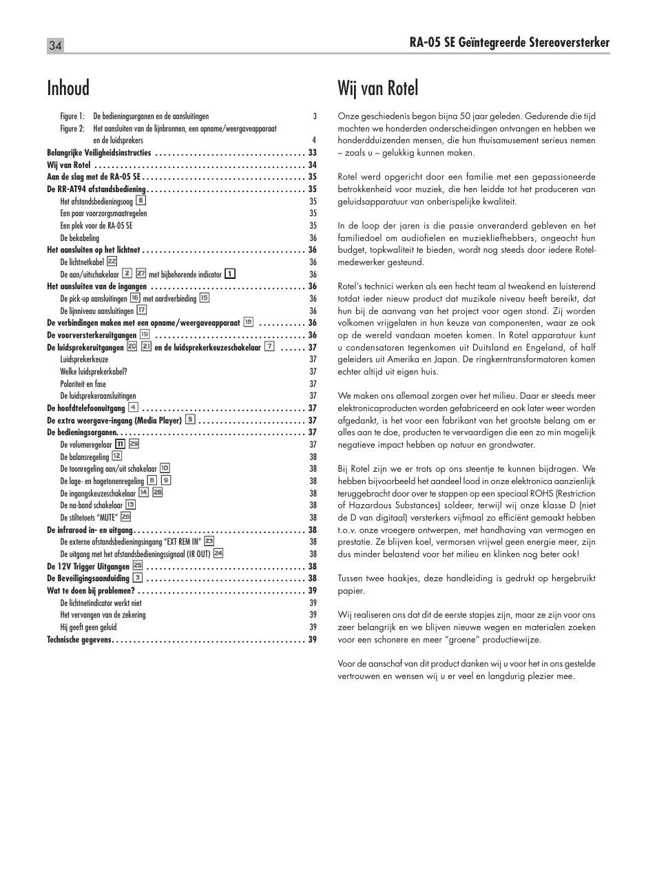 Wij van rotel, Inhoud, Ra-05 se geïntegreerde stereoversterker | ROTEL RA-05 SE User Manual | Page 34 / 64