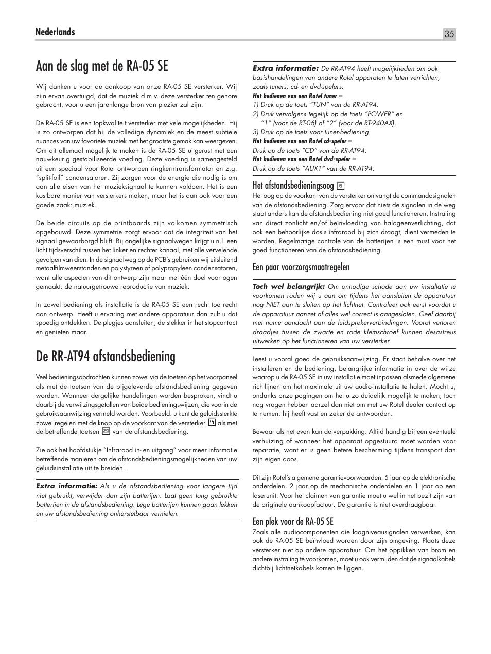 Aan de slag met de ra-05 se, De rr-at94 afstandsbediening, Nederlands | Het afstandsbedieningsoog, Een paar voorzorgsmaatregelen, Een plek voor de ra-05 se | ROTEL RA-05 SE User Manual | Page 35 / 64