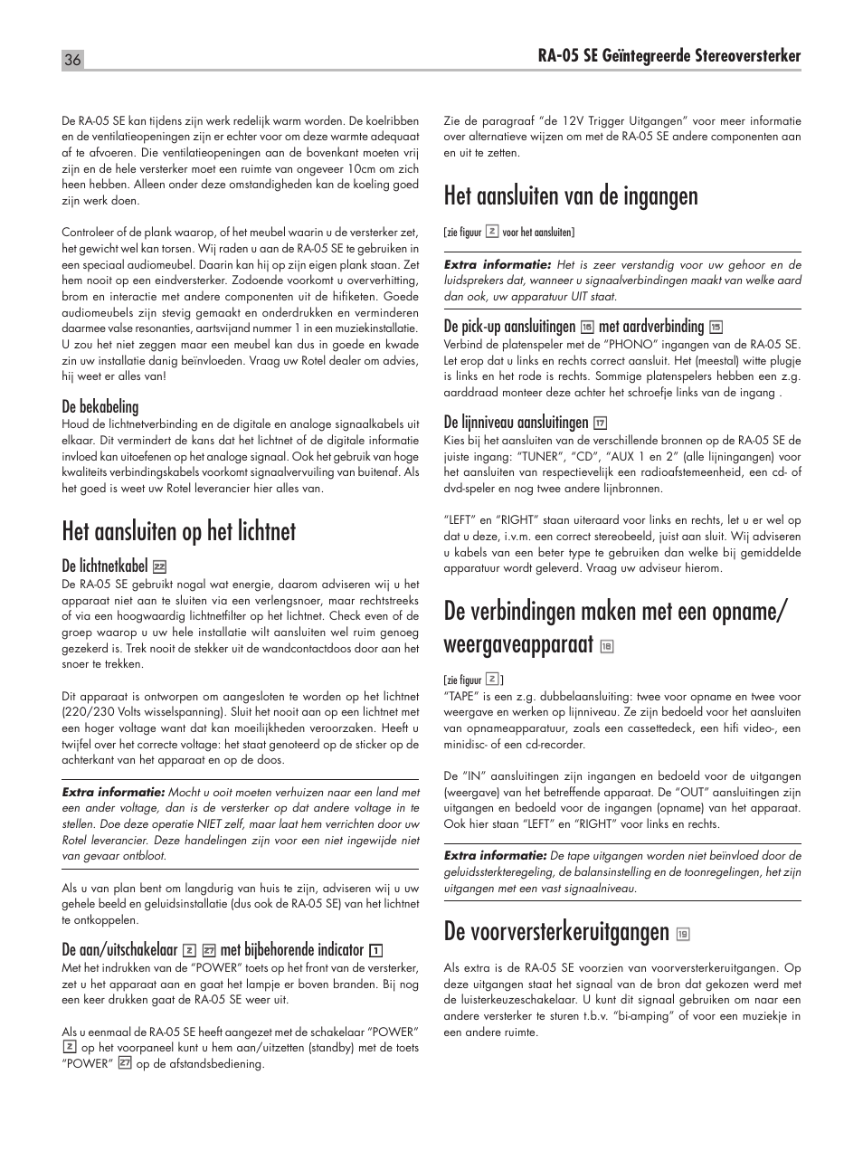 Het aansluiten op het lichtnet, Het aansluiten van de ingangen, De voorversterkeruitgangen | ROTEL RA-05 SE User Manual | Page 36 / 64