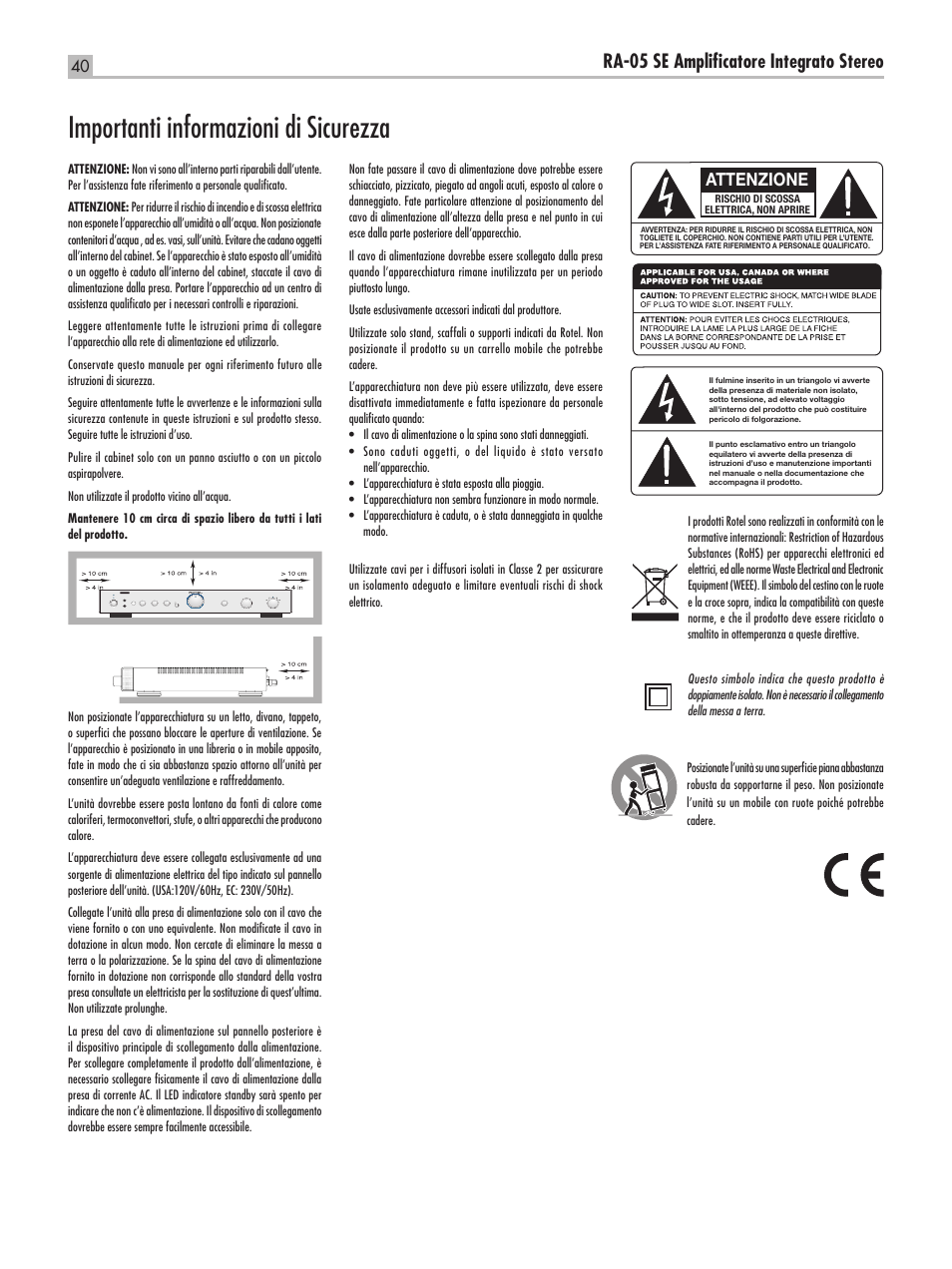 Importanti informazioni di sicurezza, Ra-05 se ampliﬁcatore integrato stereo, Attenzione | ROTEL RA-05 SE User Manual | Page 40 / 64