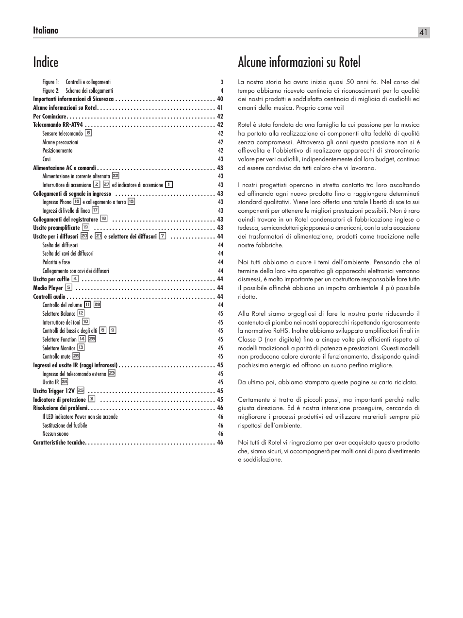 Alcune informazioni su rotel, Indice, Italiano | ROTEL RA-05 SE User Manual | Page 41 / 64