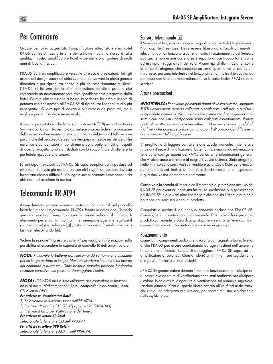 Per cominciare, Telecomando rr-at94, Ra-05 se ampliﬁcatore integrato stereo | Sensore telecomando, Alcune precauzioni, Posizionamento | ROTEL RA-05 SE User Manual | Page 42 / 64