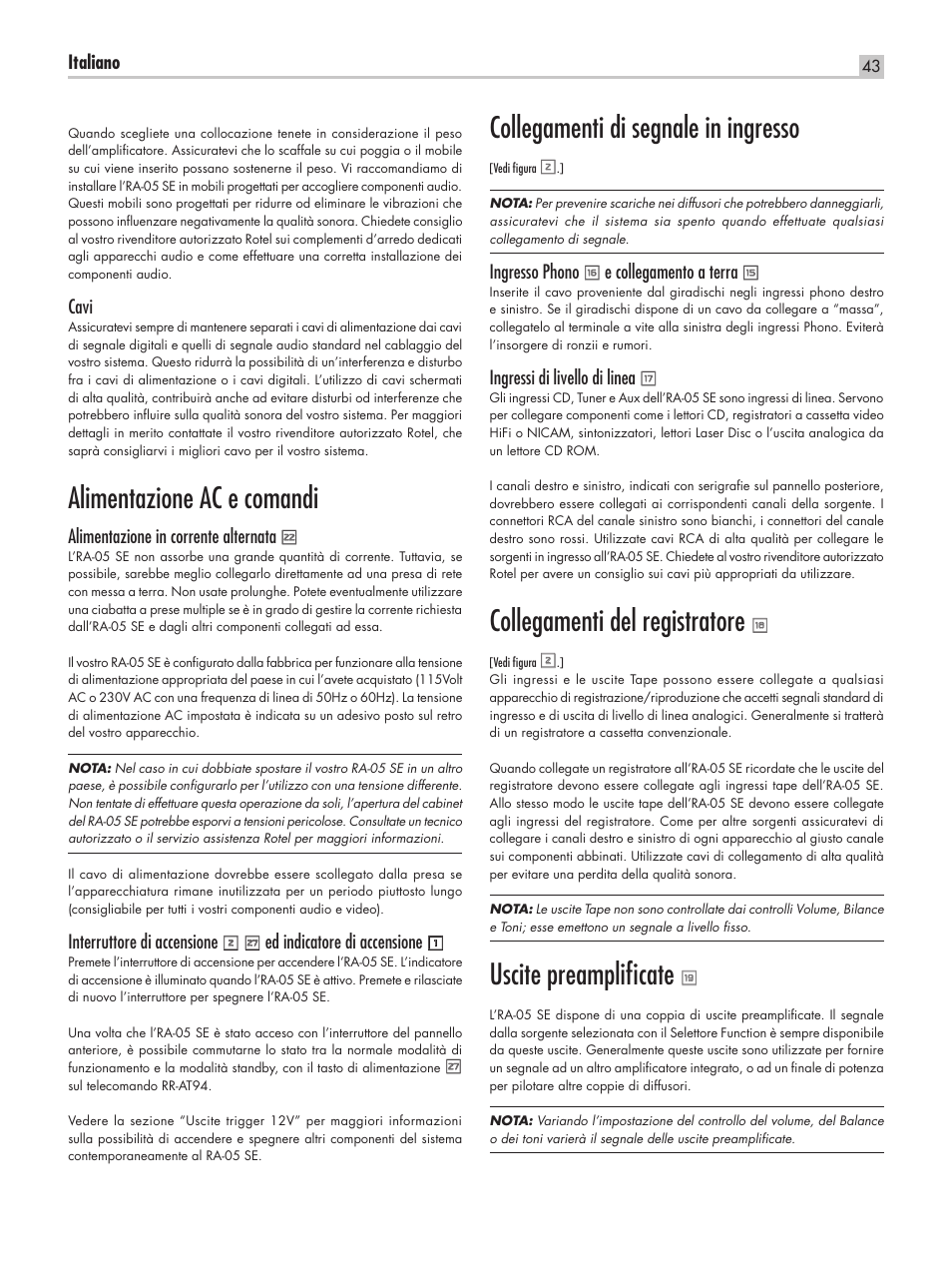 Alimentazione ac e comandi, Collegamenti di segnale in ingresso, Collegamenti del registratore | Uscite preampliﬁcate | ROTEL RA-05 SE User Manual | Page 43 / 64