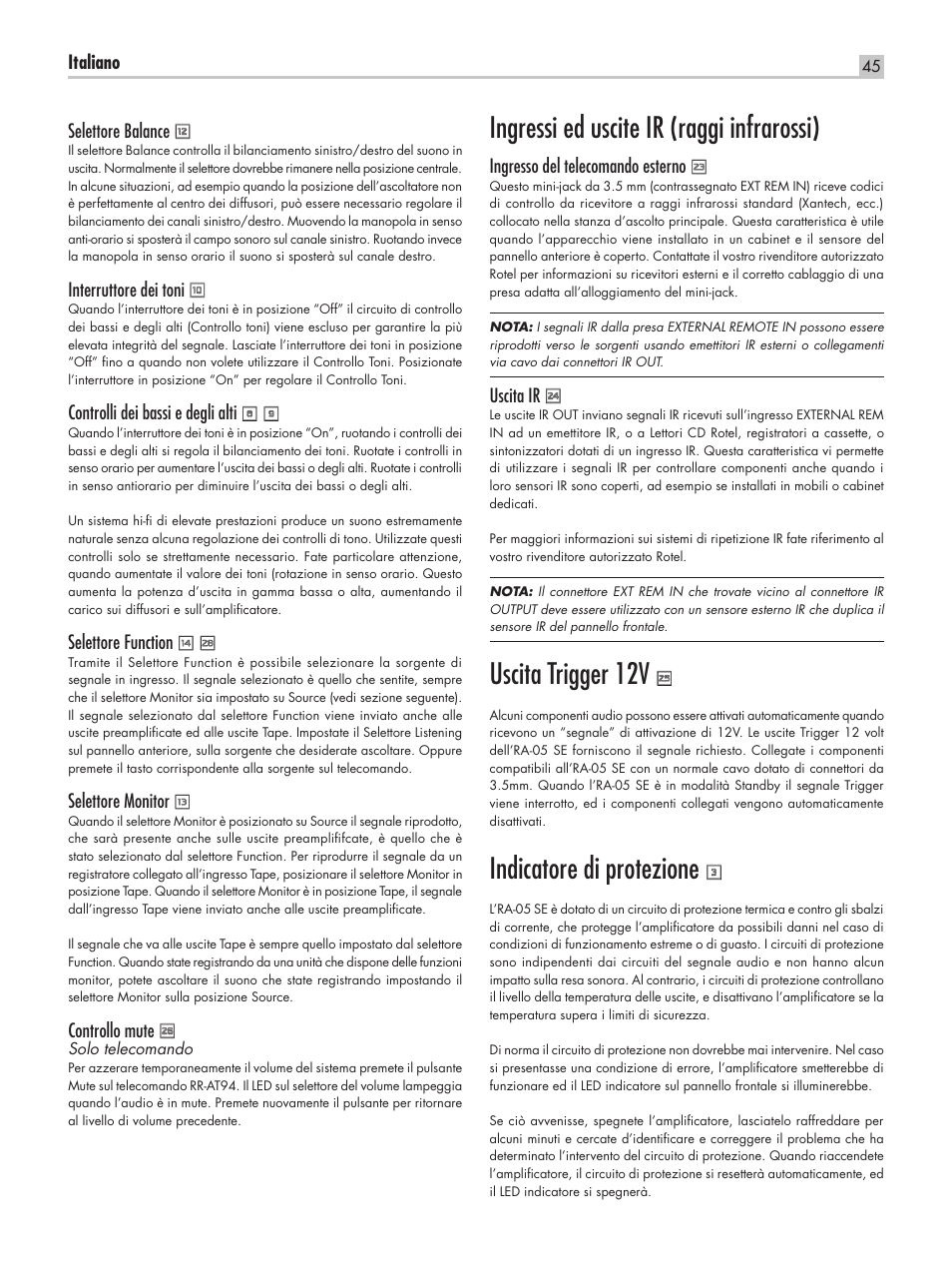 Ingressi ed uscite ir (raggi infrarossi), Uscita trigger 12v, Indicatore di protezione | ROTEL RA-05 SE User Manual | Page 45 / 64