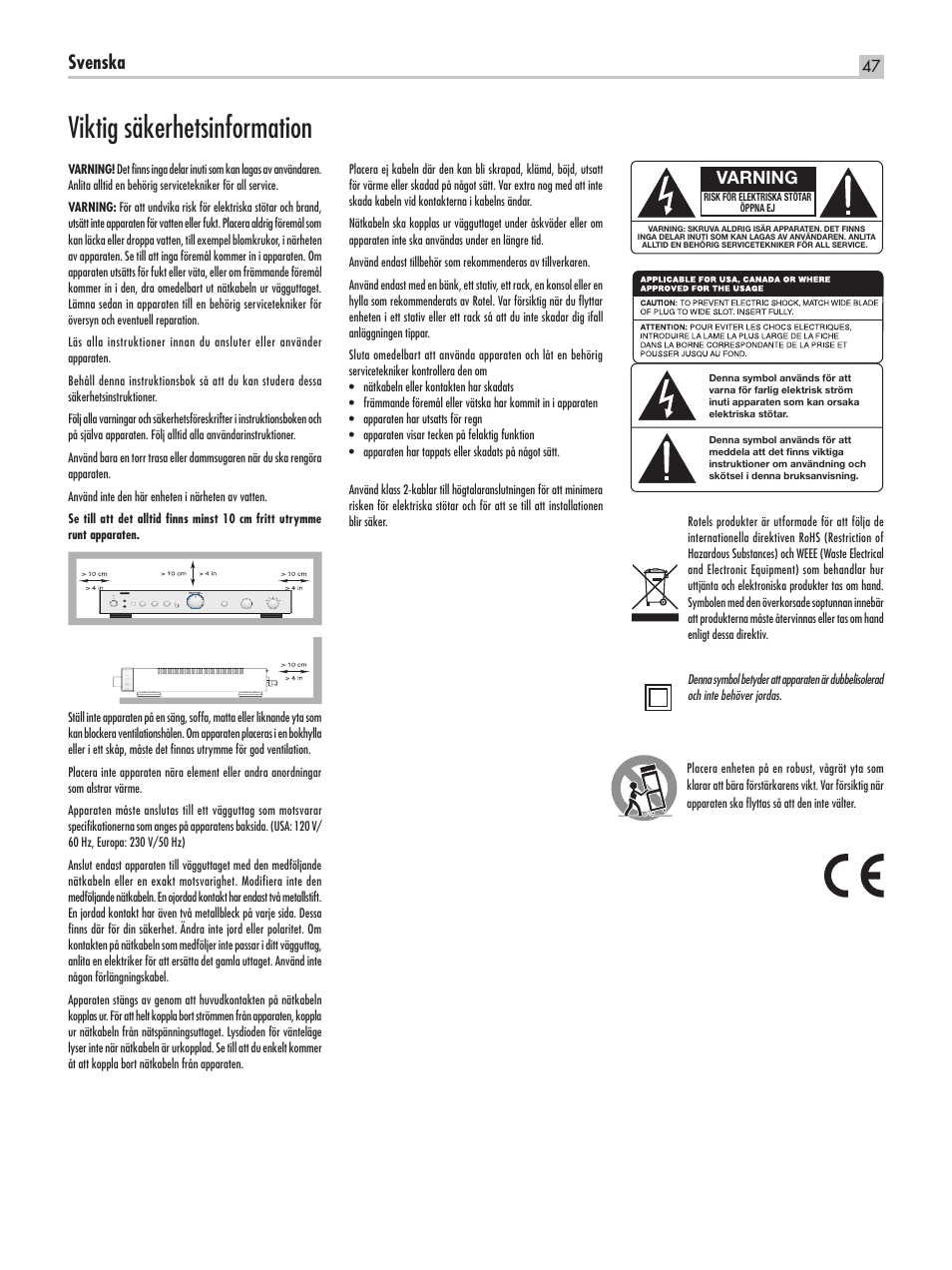 Viktig säkerhetsinformation, Svenska, Varning | ROTEL RA-05 SE User Manual | Page 47 / 64