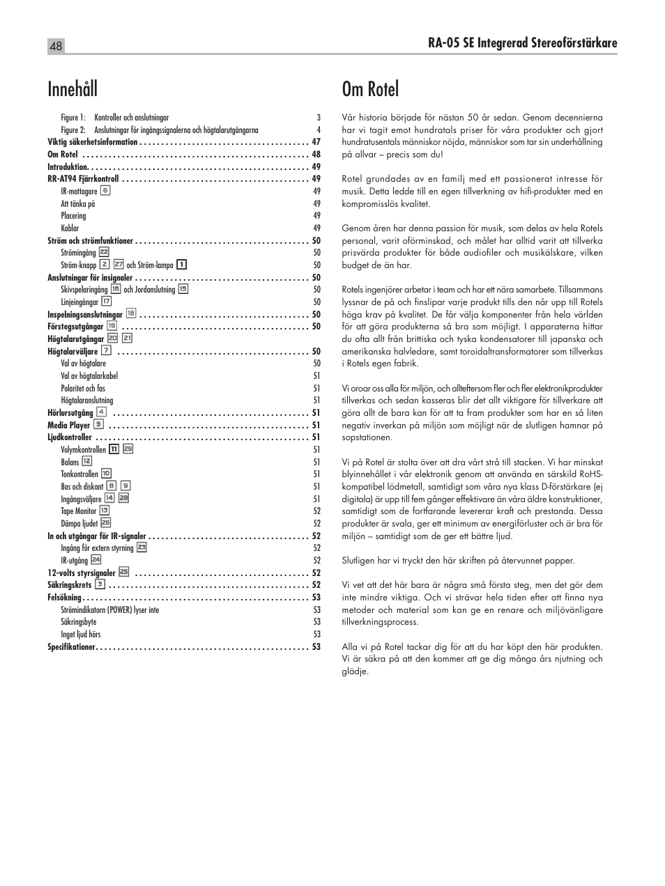 Om rotel, Innehåll, Ra-05 se integrerad stereoförstärkare | ROTEL RA-05 SE User Manual | Page 48 / 64