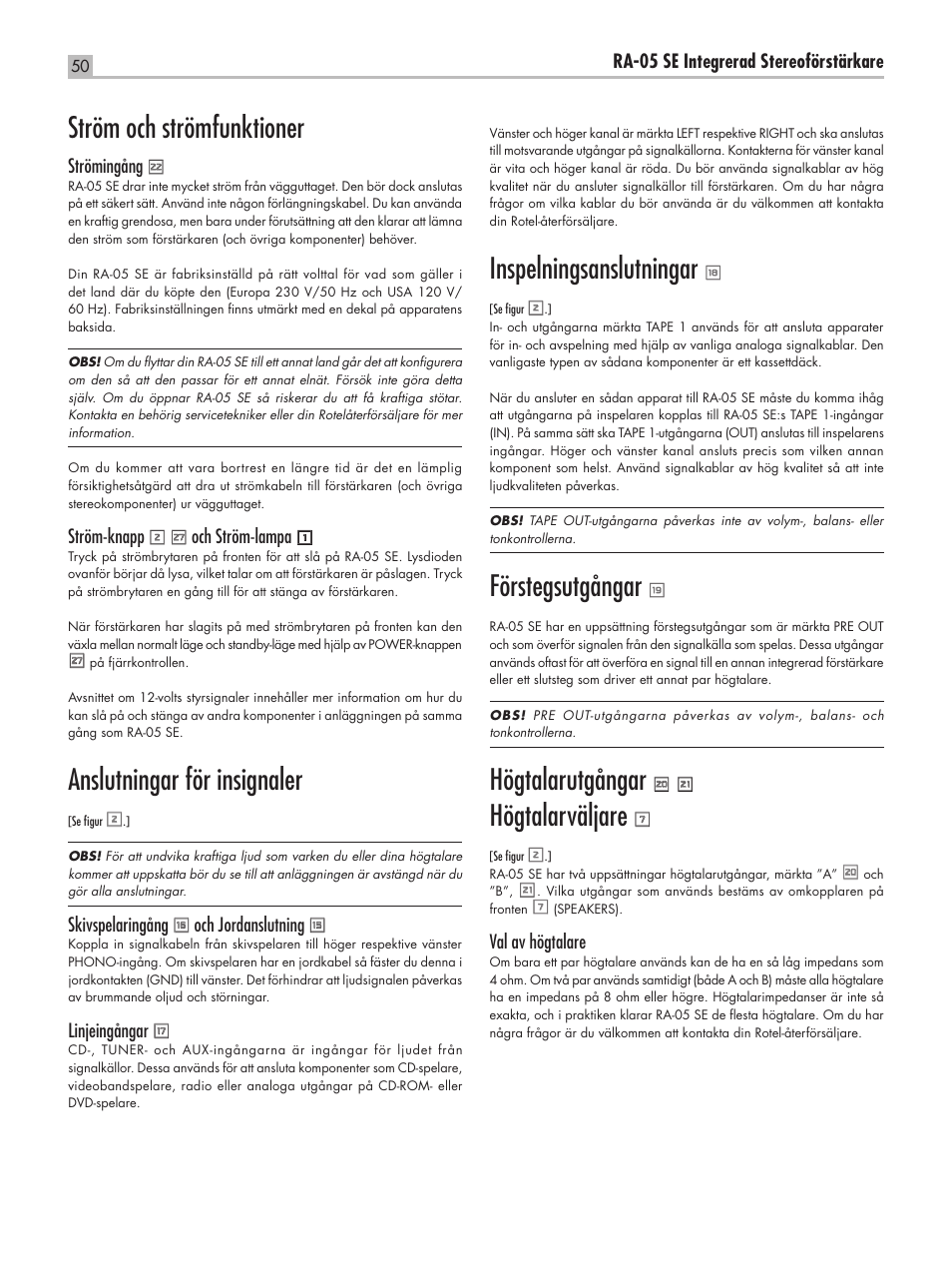 Ström och strömfunktioner, Anslutningar för insignaler, Inspelningsanslutningar | Förstegsutgångar, Högtalarutgångar, Högtalarväljare | ROTEL RA-05 SE User Manual | Page 50 / 64