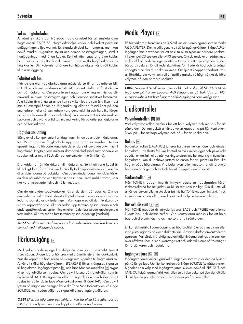 Hörlursutgång, Media player, Ljudkontroller | ROTEL RA-05 SE User Manual | Page 51 / 64