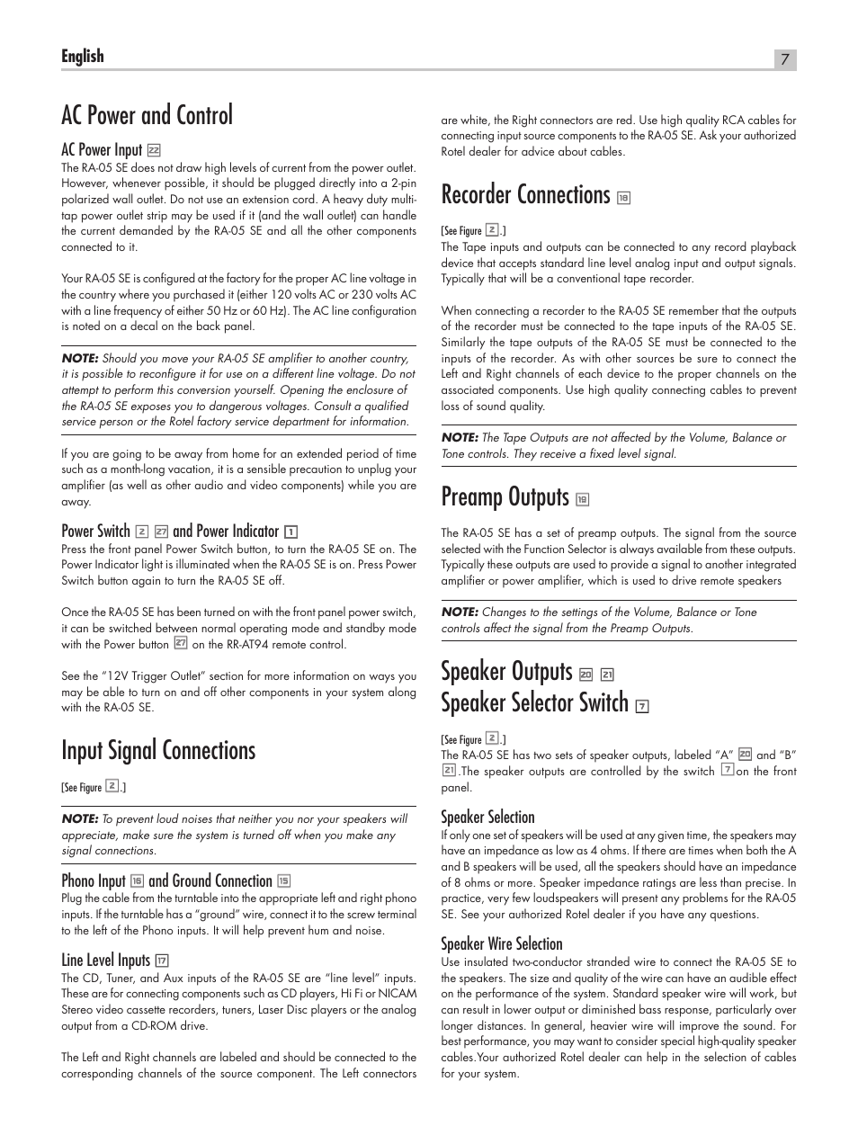 Ac power and control, Input signal connections, Recorder connections | Preamp outputs, Speaker outputs, Speaker selector switch | ROTEL RA-05 SE User Manual | Page 7 / 64