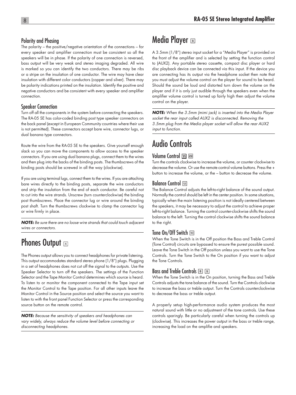 Phones output, Media player, Audio controls | ROTEL RA-05 SE User Manual | Page 8 / 64