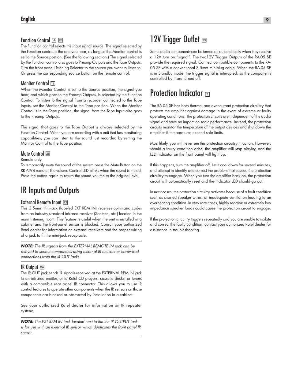 Ir inputs and outputs, 12v trigger outlet, Protection indicator | ROTEL RA-05 SE User Manual | Page 9 / 64