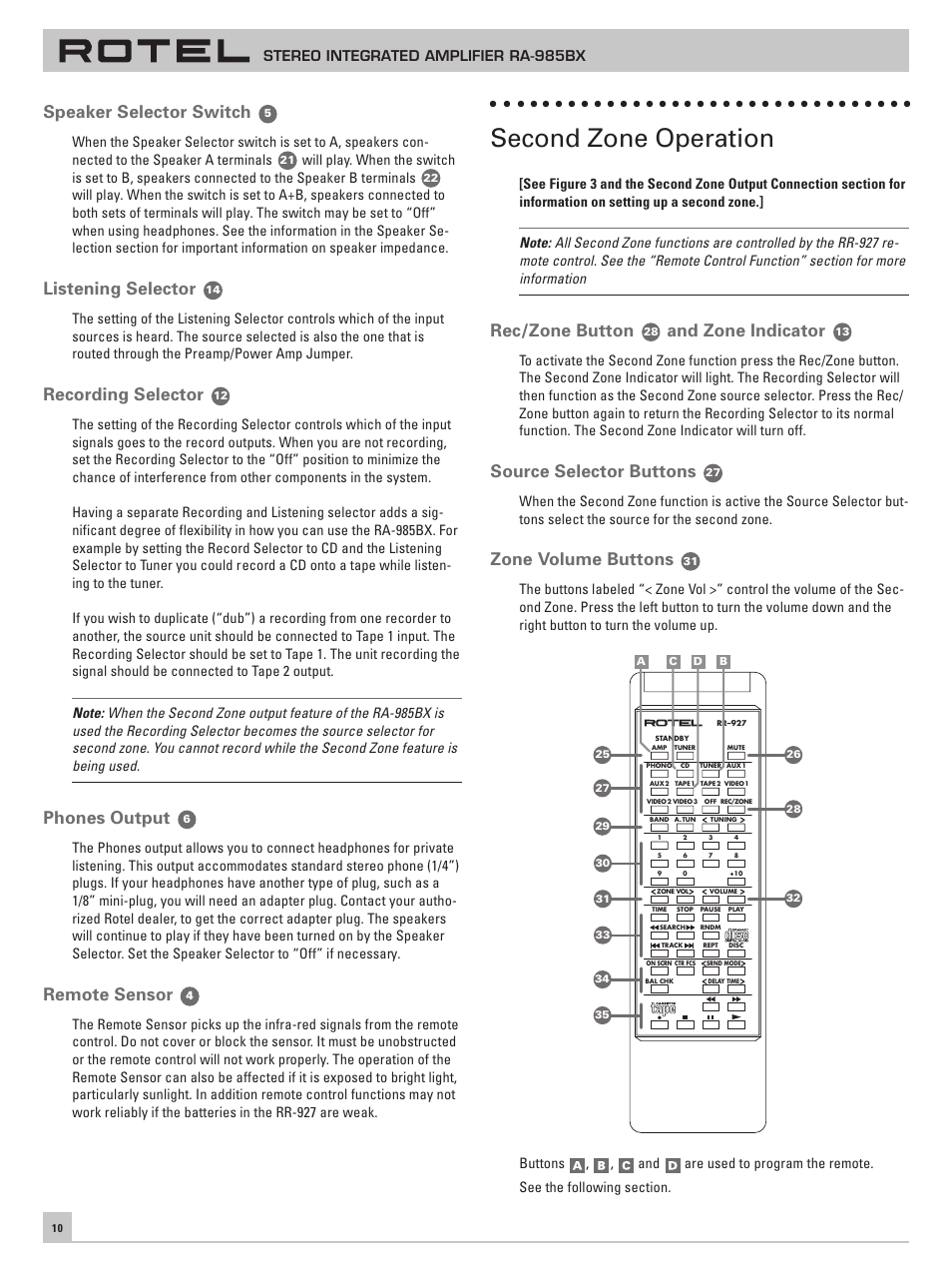 Second zone operation, Speaker selector switch, Listening selector | Recording selector, Phones output, Remote sensor, Rec/zone button, And zone indicator, Source selector buttons, Zone volume buttons | ROTEL RA-985BX User Manual | Page 10 / 54