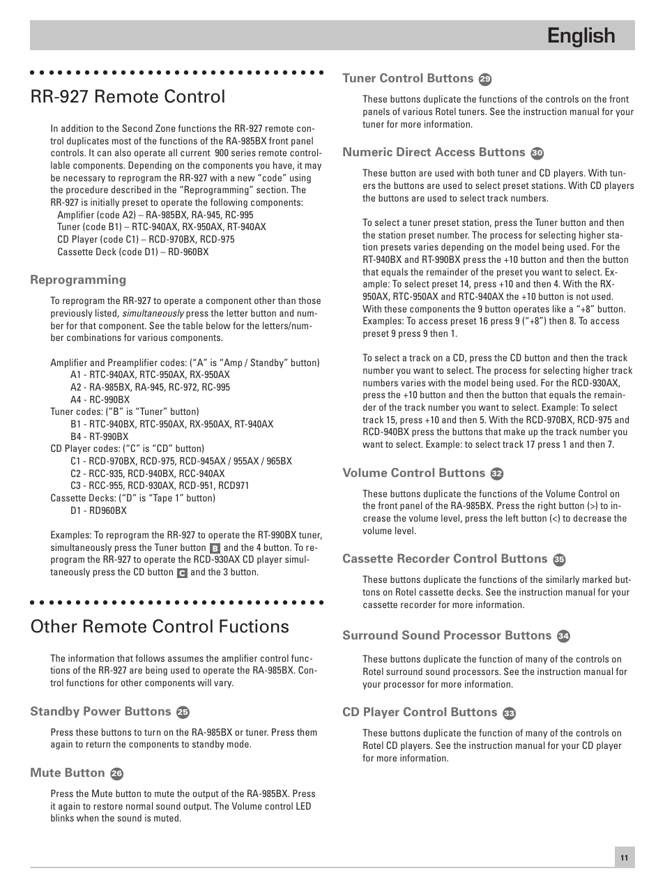 English, Rr-927 remote control, Other remote control fuctions | ROTEL RA-985BX User Manual | Page 11 / 54