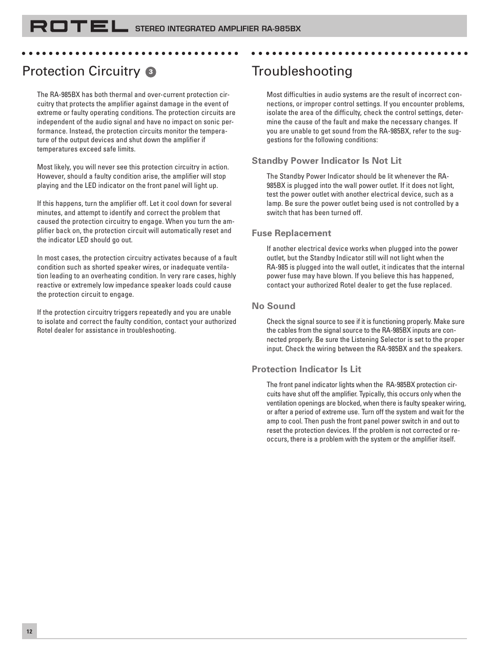 Protection circuitry, Troubleshooting | ROTEL RA-985BX User Manual | Page 12 / 54