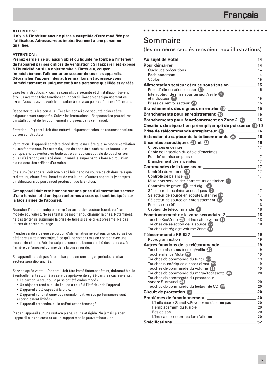 Français, Sommaire, Les numéros cerclés renvoient aux illustrations) | ROTEL RA-985BX User Manual | Page 13 / 54