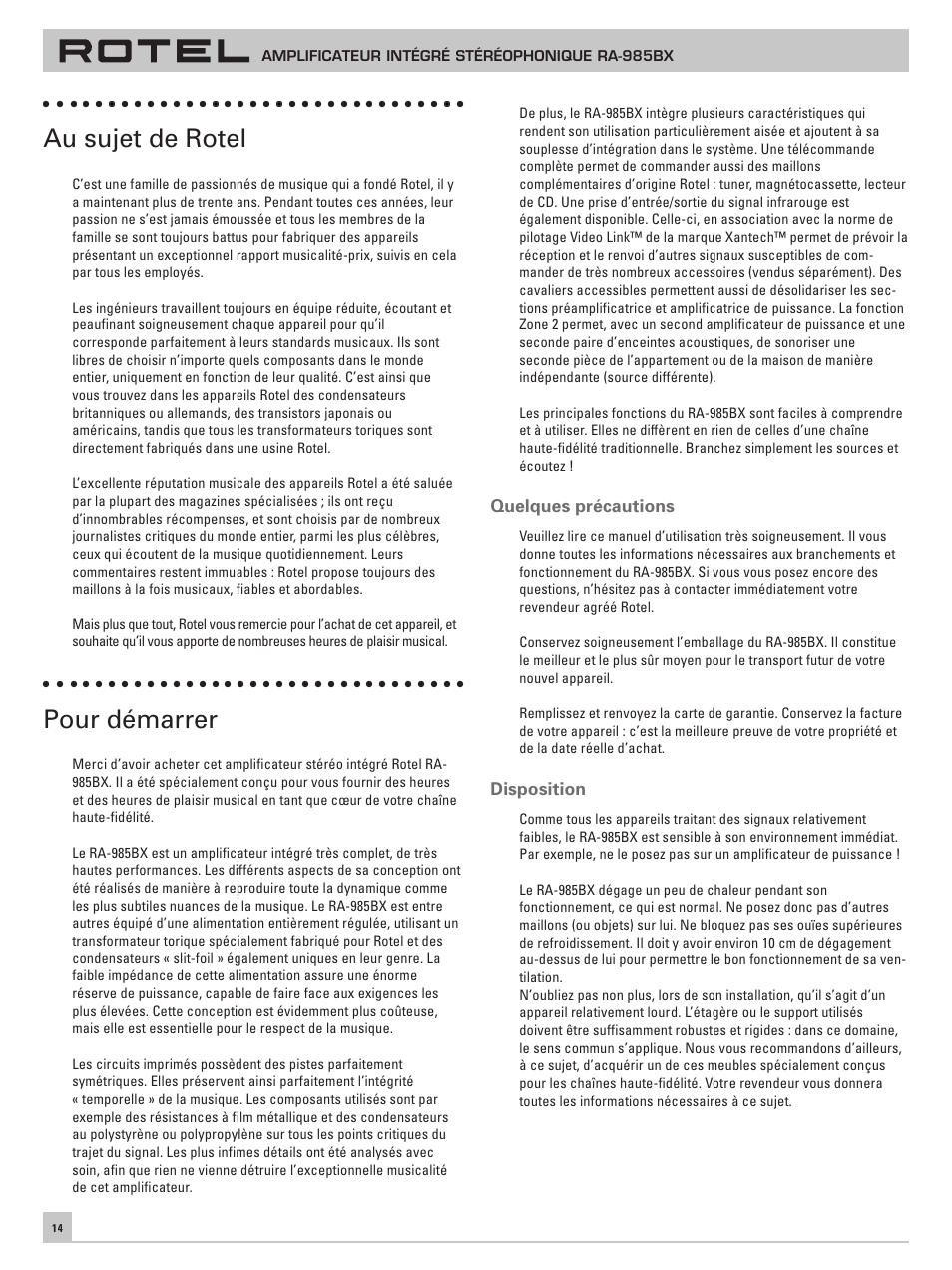 Au sujet de rotel, Pour démarrer | ROTEL RA-985BX User Manual | Page 14 / 54