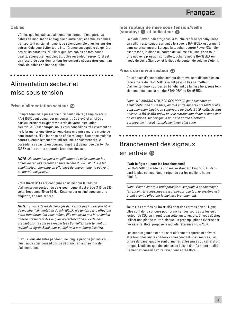 Français, Alimentation secteur et mise sous tension, Branchement des signaux en entrée | ROTEL RA-985BX User Manual | Page 15 / 54