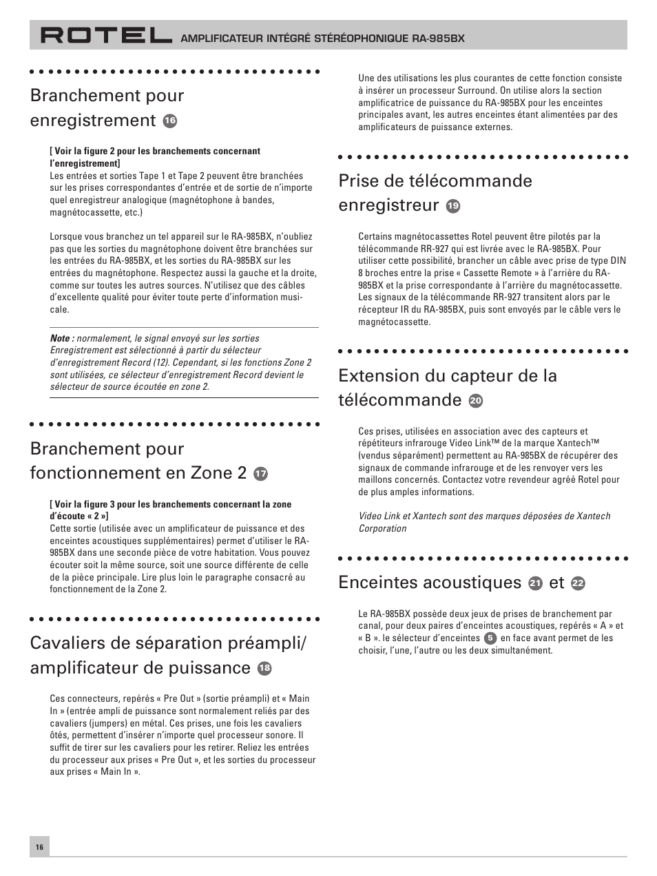 Branchement pour enregistrement, Branchement pour fonctionnement en zone␣ 2, Prise de télécommande enregistreur | Extension du capteur de la télécommande, Enceintes acoustiques | ROTEL RA-985BX User Manual | Page 16 / 54