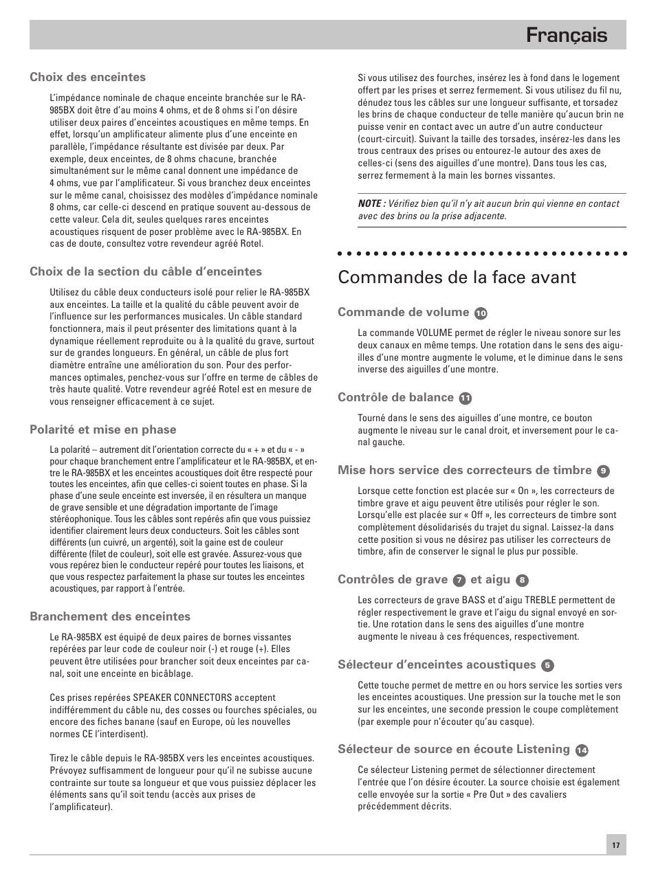 Français, Commandes de la face avant | ROTEL RA-985BX User Manual | Page 17 / 54