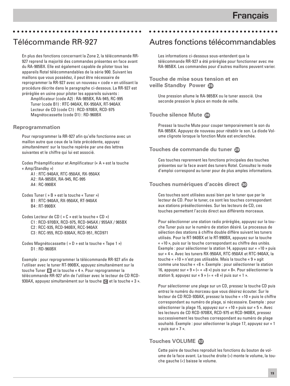 Français, Télécommande rr-927, Autres fonctions télécommandables | ROTEL RA-985BX User Manual | Page 19 / 54
