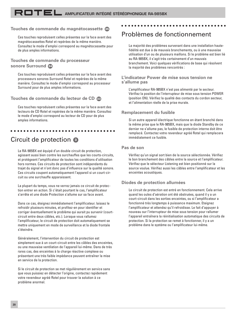 Circuit de protection, Problèmes de fonctionnement | ROTEL RA-985BX User Manual | Page 20 / 54