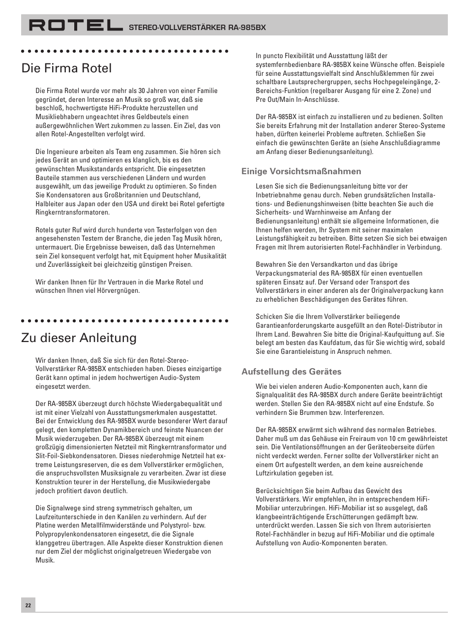Die firma rotel, Zu dieser anleitung | ROTEL RA-985BX User Manual | Page 22 / 54