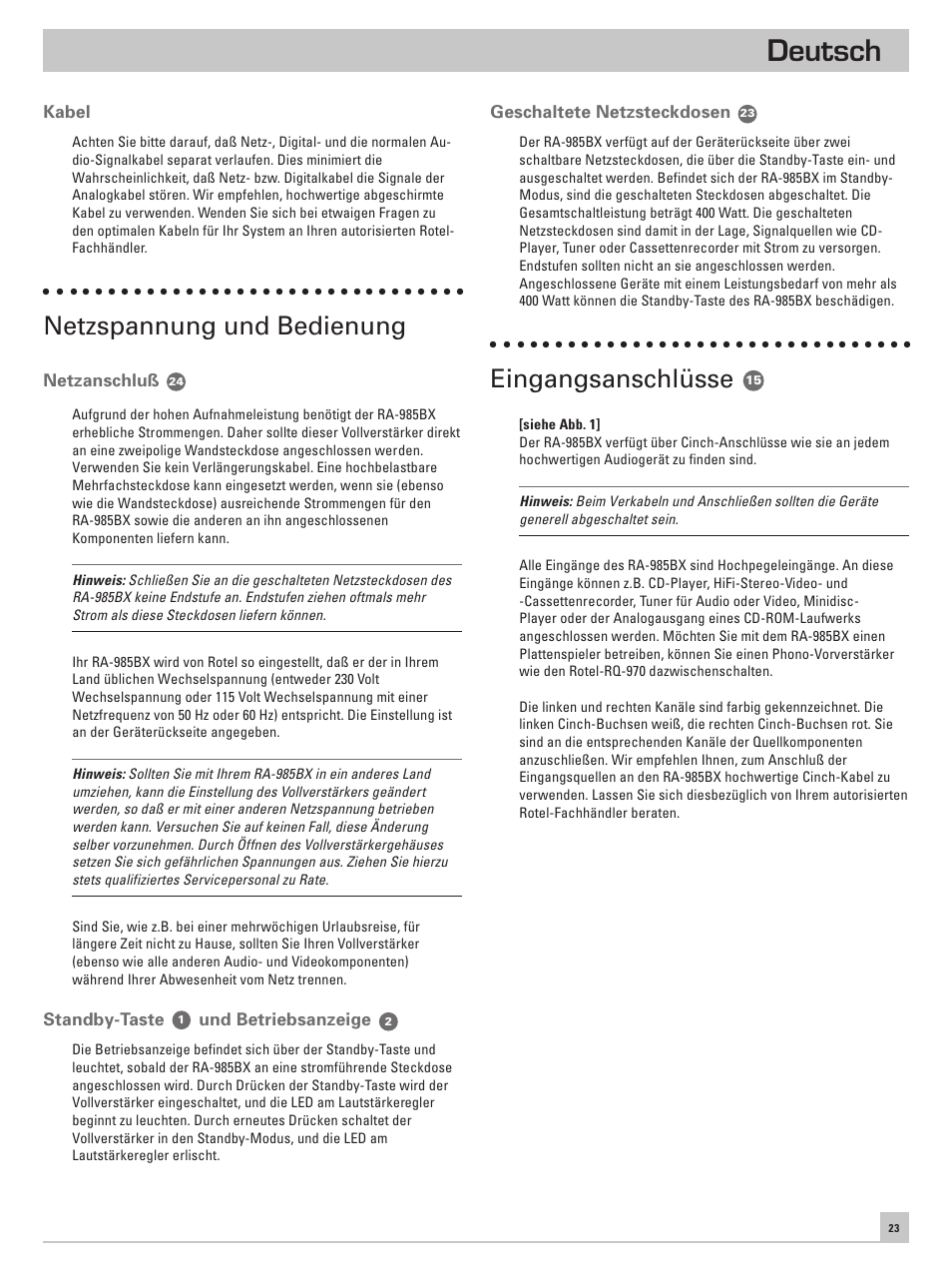Deutsch, Netzspannung und bedienung, Eingangsanschlüsse | ROTEL RA-985BX User Manual | Page 23 / 54