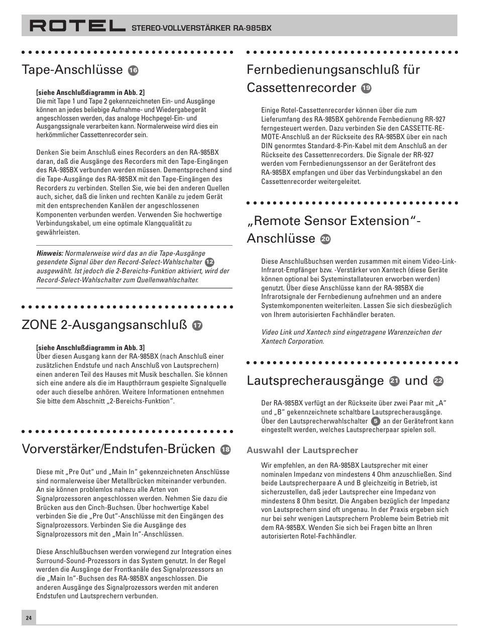 Tape-anschlüsse, Zone 2-ausgangsanschluß, Vorverstärker/endstufen-brücken | Fernbedienungsanschluß für cassettenrecorder, Remote sensor extension“- anschlüsse, Lautsprecherausgänge | ROTEL RA-985BX User Manual | Page 24 / 54