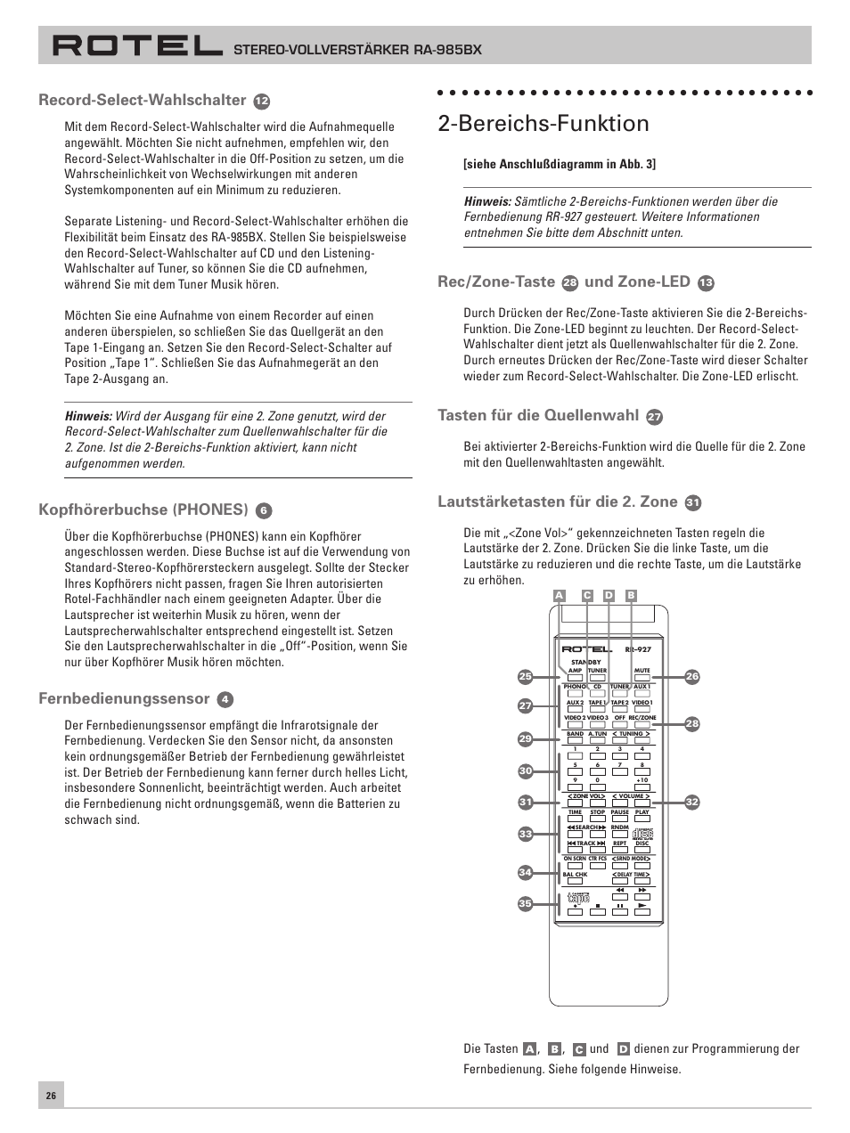 Bereichs-funktion, Record-select-wahlschalter, Kopfhörerbuchse (phones) | Fernbedienungssensor, Rec/zone-taste, Und zone-led, Tasten für die quellenwahl, Lautstärketasten für die 2. zone, Stereo-vollverstärker ra-985bx | ROTEL RA-985BX User Manual | Page 26 / 54