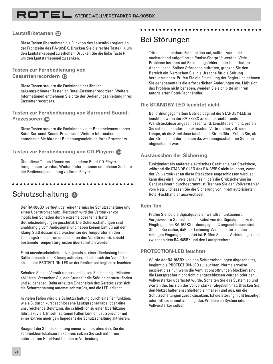Schutzschaltung, Bei störungen | ROTEL RA-985BX User Manual | Page 28 / 54