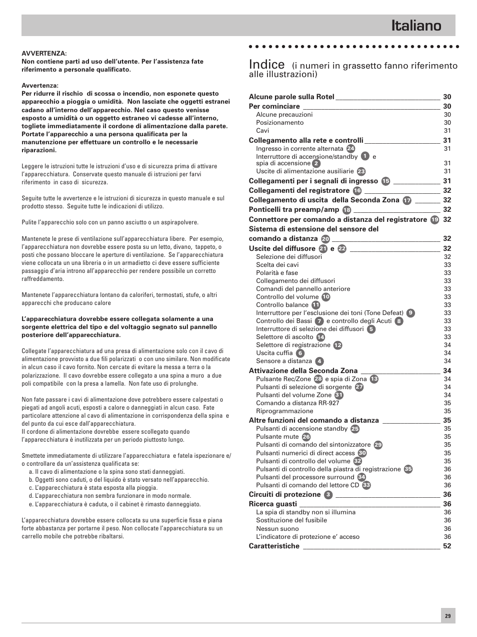 Italiano, Indice | ROTEL RA-985BX User Manual | Page 29 / 54