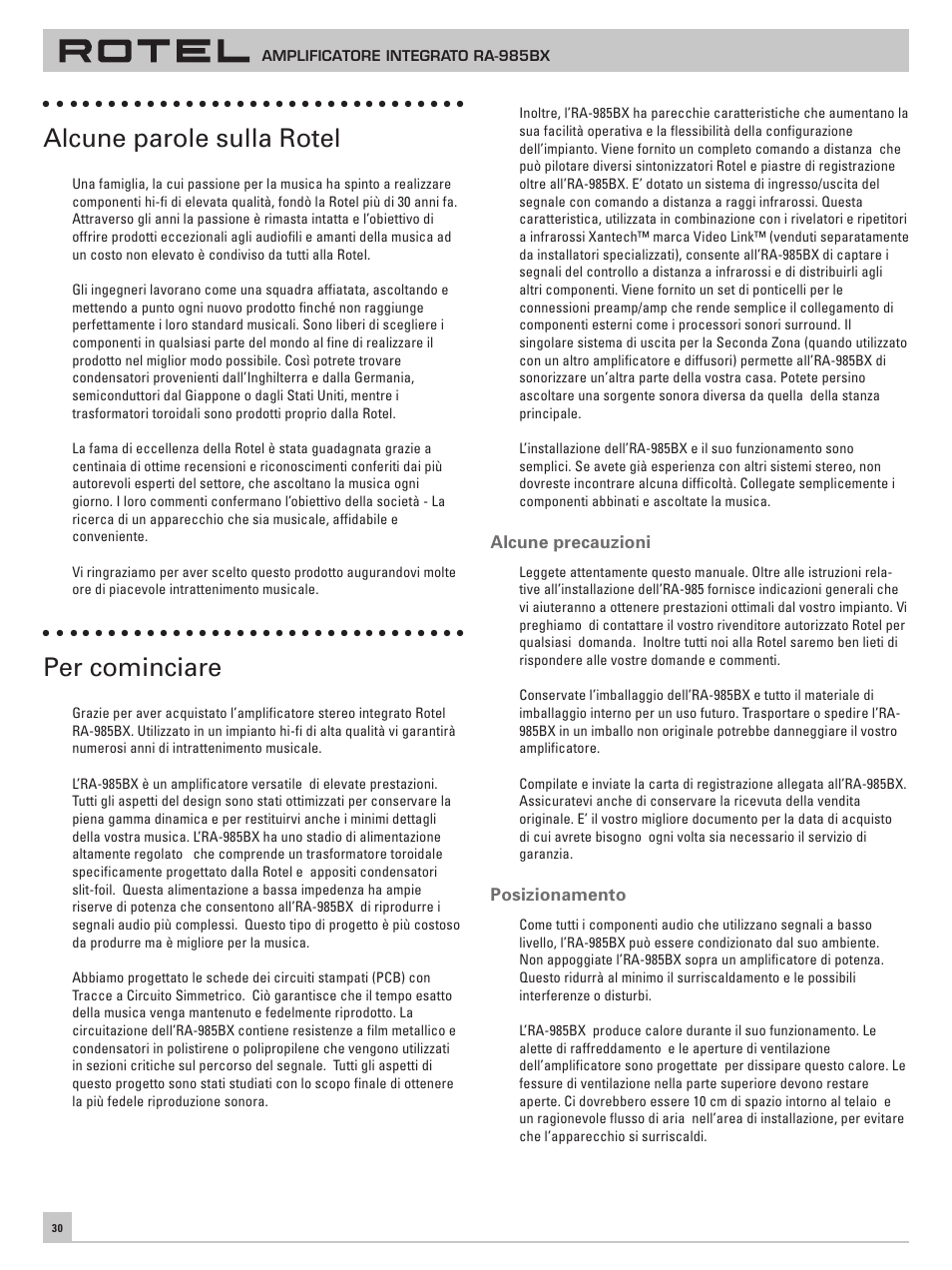Alcune parole sulla rotel, Per cominciare | ROTEL RA-985BX User Manual | Page 30 / 54