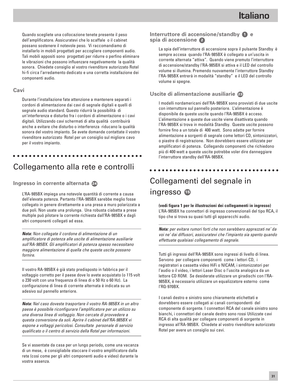 Italiano, Collegamento alla rete e controlli, Collegamenti del segnale in ingresso | ROTEL RA-985BX User Manual | Page 31 / 54