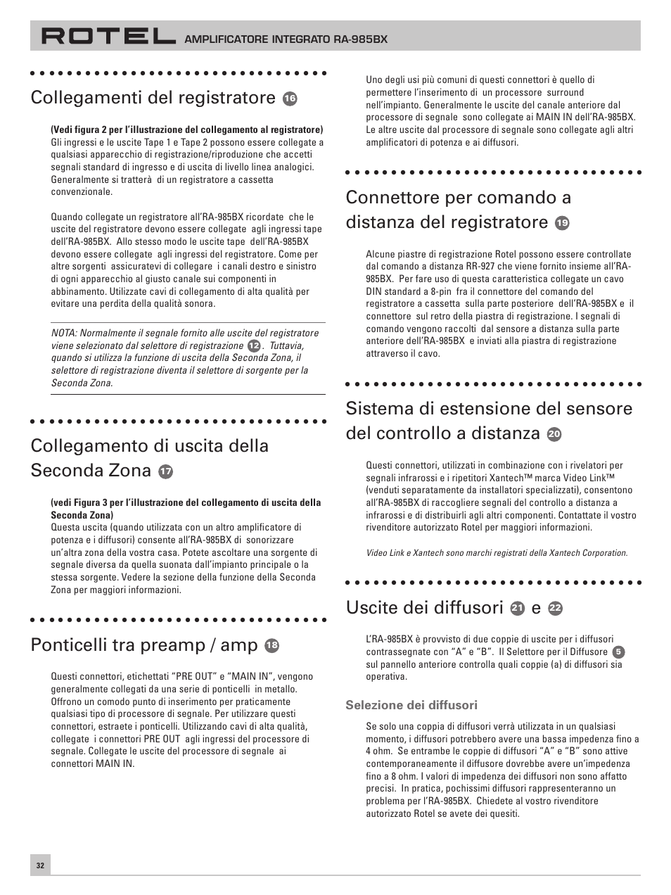 Collegamenti del registratore, Collegamento di uscita della seconda zona, Ponticelli tra preamp / amp | Connettore per comando a distanza del registratore, Uscite dei diffusori | ROTEL RA-985BX User Manual | Page 32 / 54