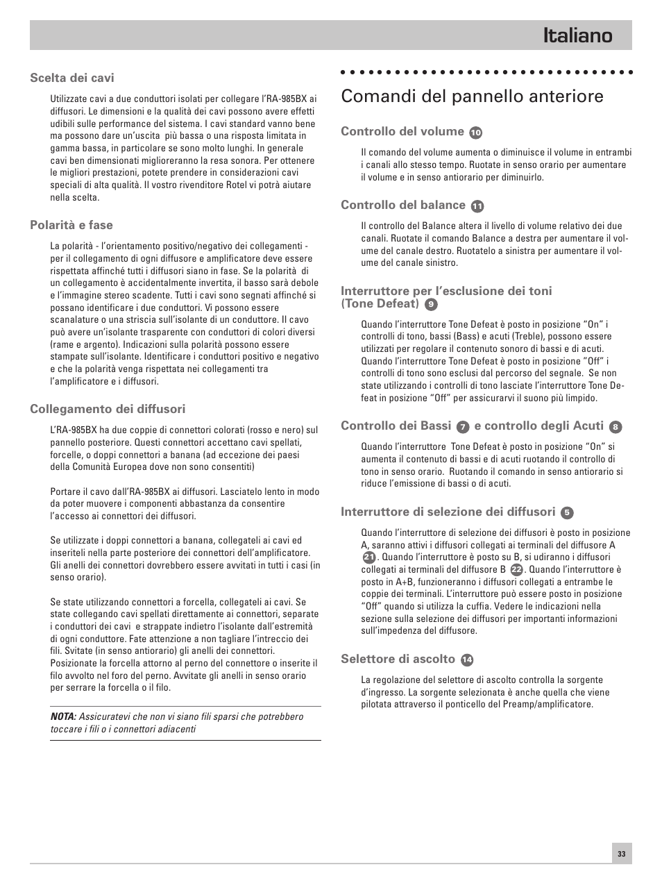 Italiano, Comandi del pannello anteriore | ROTEL RA-985BX User Manual | Page 33 / 54